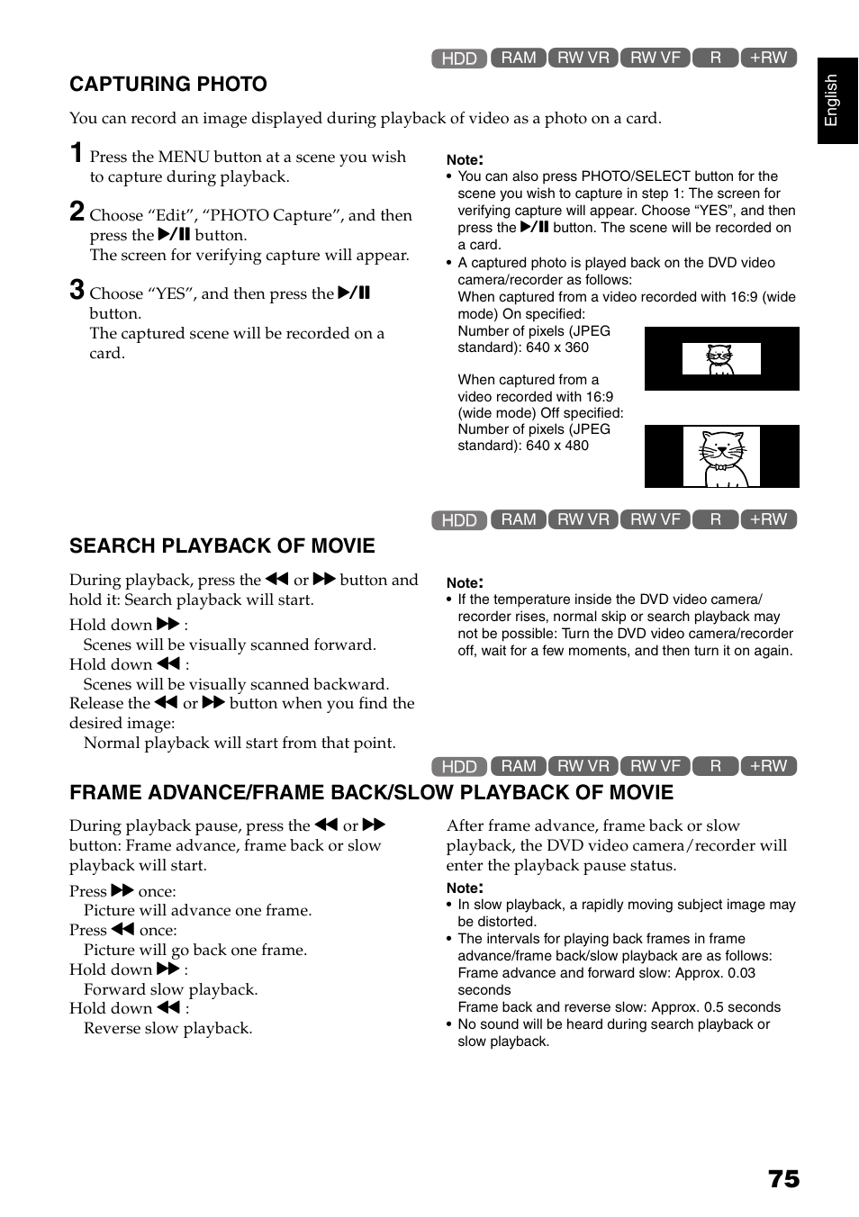 Capturing photo, Search playback of movie, Frame advance/frame back/slow playback of movie | Hitachi DZ-HS300A User Manual | Page 75 / 170