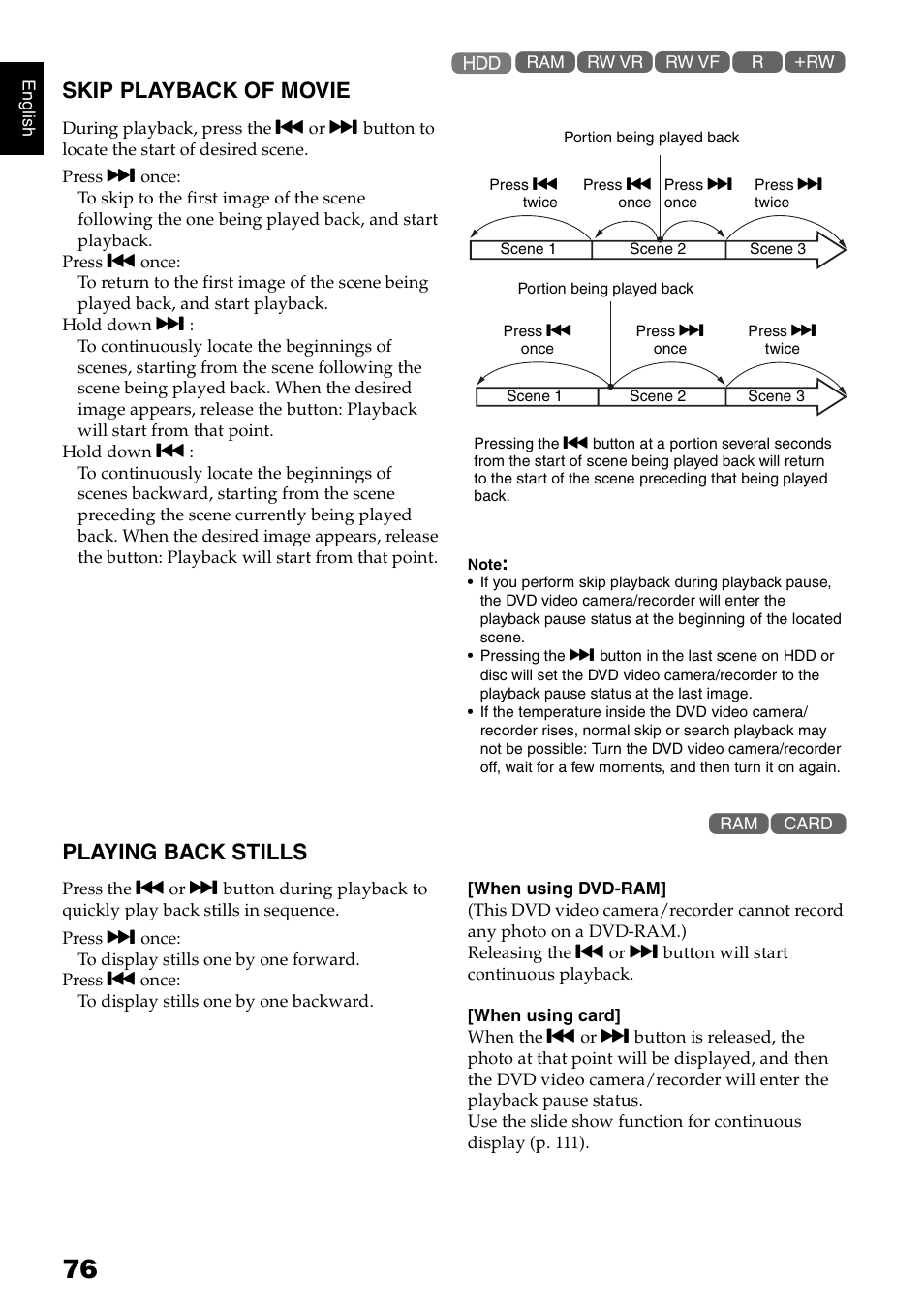 Skip playback of movie, Playing back stills | Hitachi DZ-HS300A User Manual | Page 76 / 170