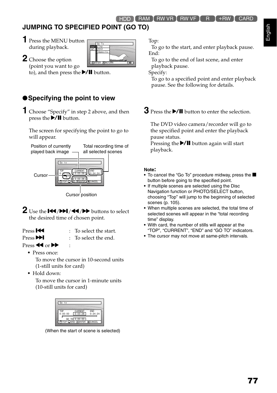 Jumping to specified point (go to), Specifying the point to view | Hitachi DZ-HS300A User Manual | Page 77 / 170