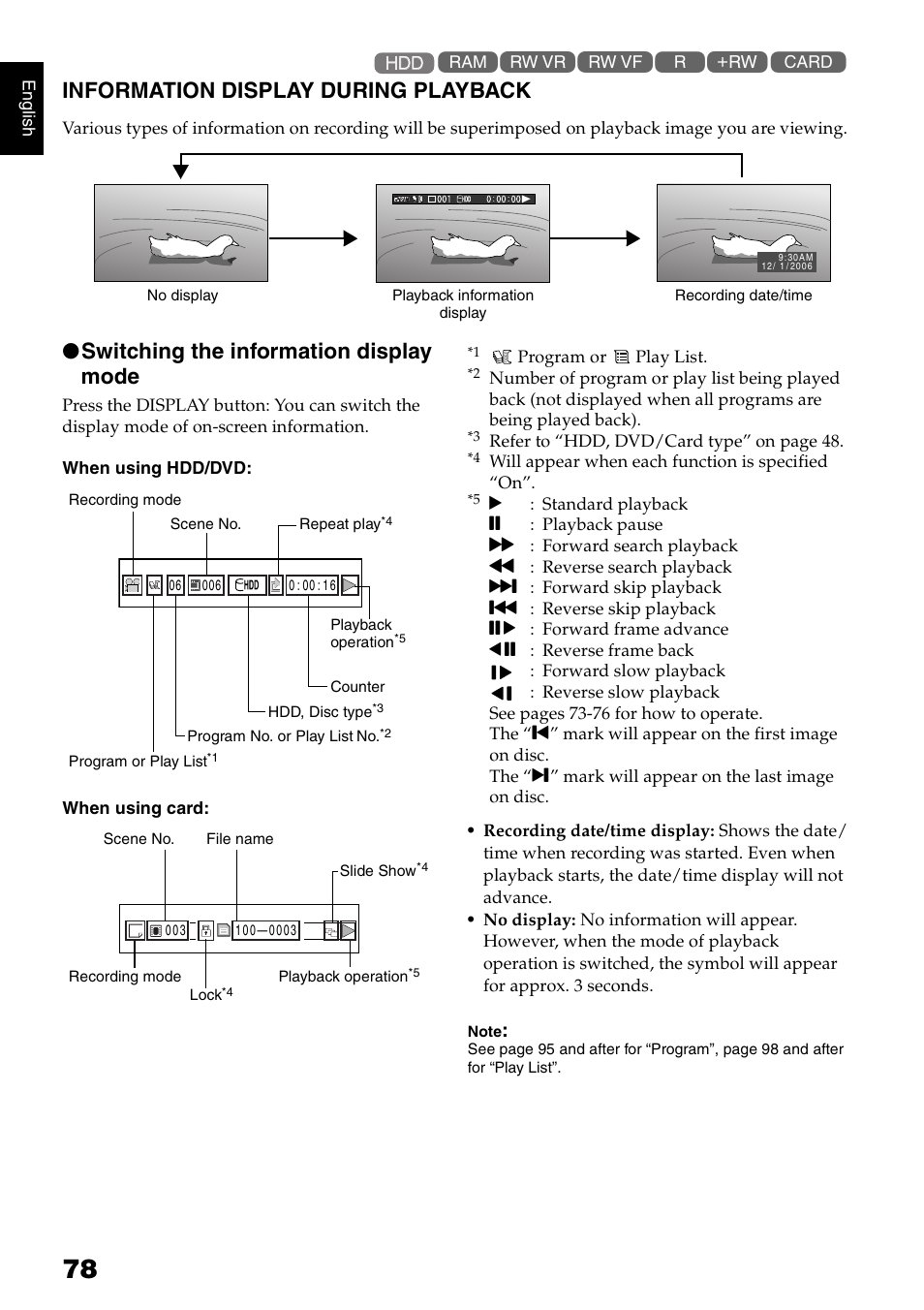 Information display during playback, Switching the information display mode | Hitachi DZ-HS300A User Manual | Page 78 / 170