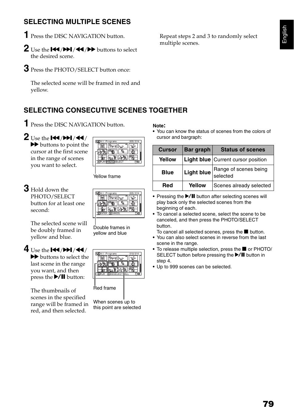 Selecting multiple scenes, Selecting consecutive scenes together | Hitachi DZ-HS300A User Manual | Page 79 / 170