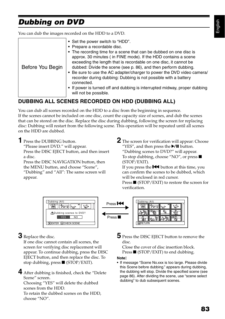 Dubbing on dvd, Dubbing all scenes recorded on hdd (dubbing all), Before you begin | Hitachi DZ-HS300A User Manual | Page 83 / 170