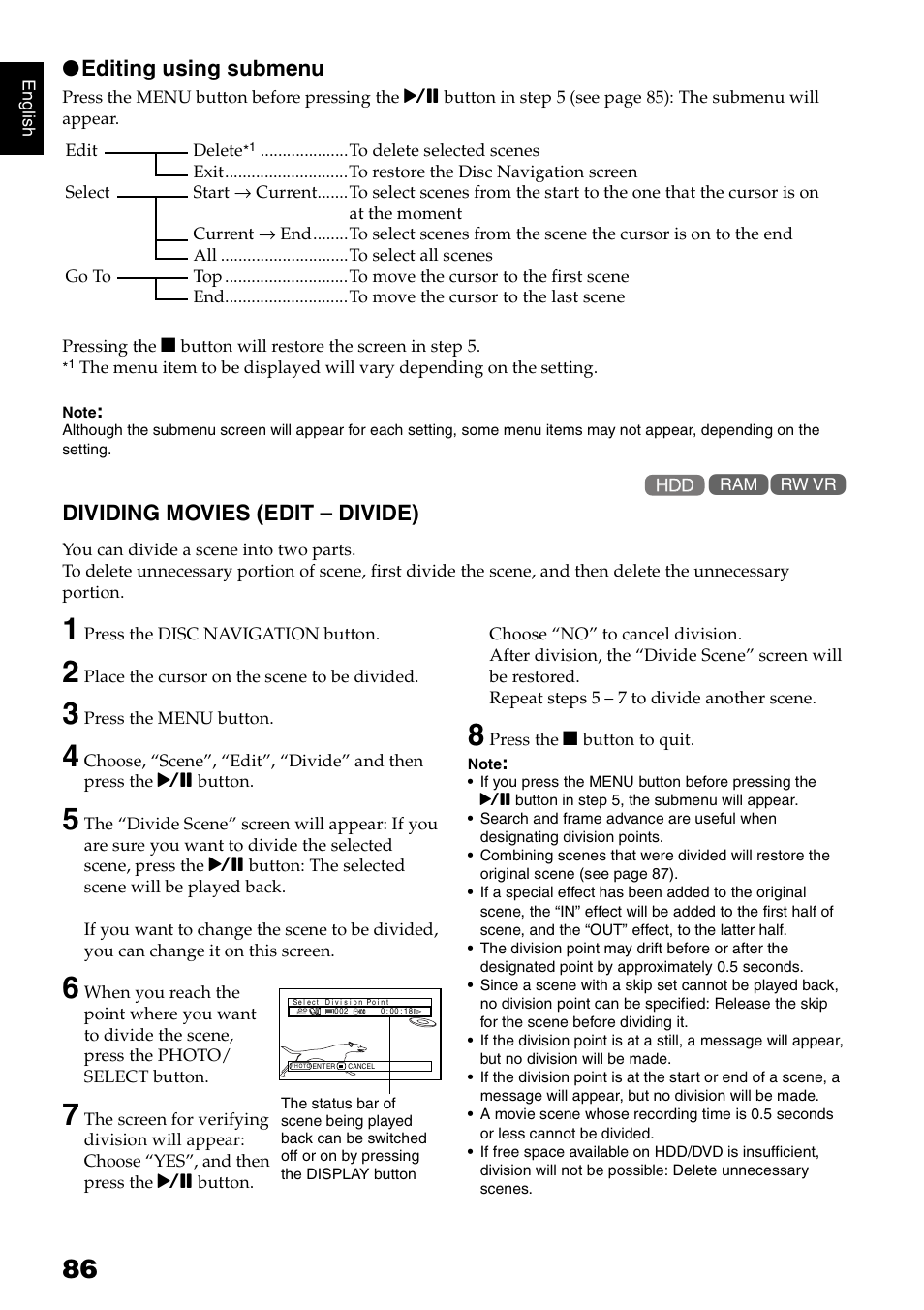 Editing using submenu, Dividing movies (edit – divide) | Hitachi DZ-HS300A User Manual | Page 86 / 170