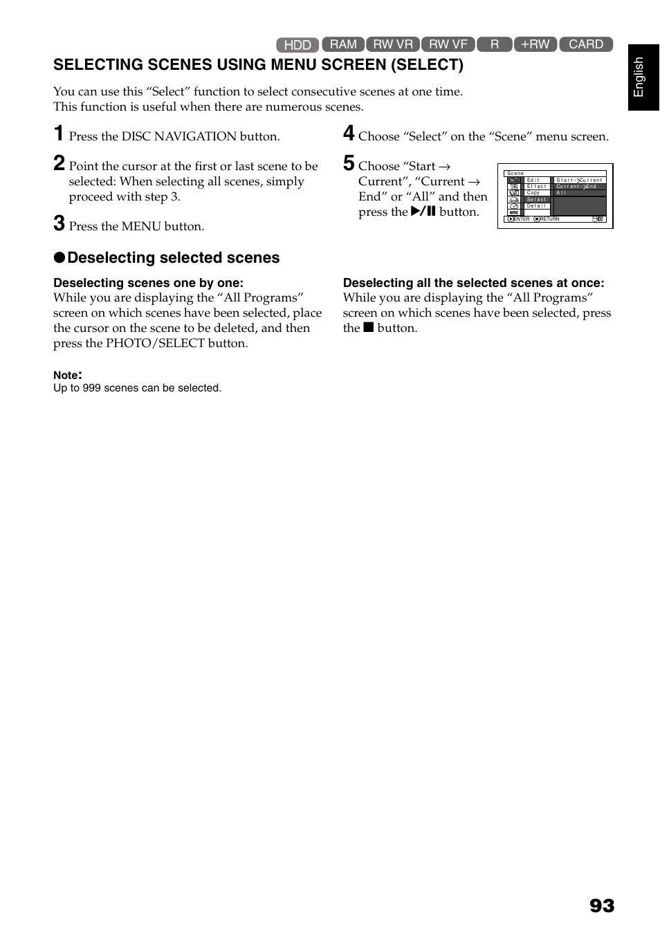 Selecting scenes using menu screen (select), Deselecting selected scenes | Hitachi DZ-HS300A User Manual | Page 93 / 170