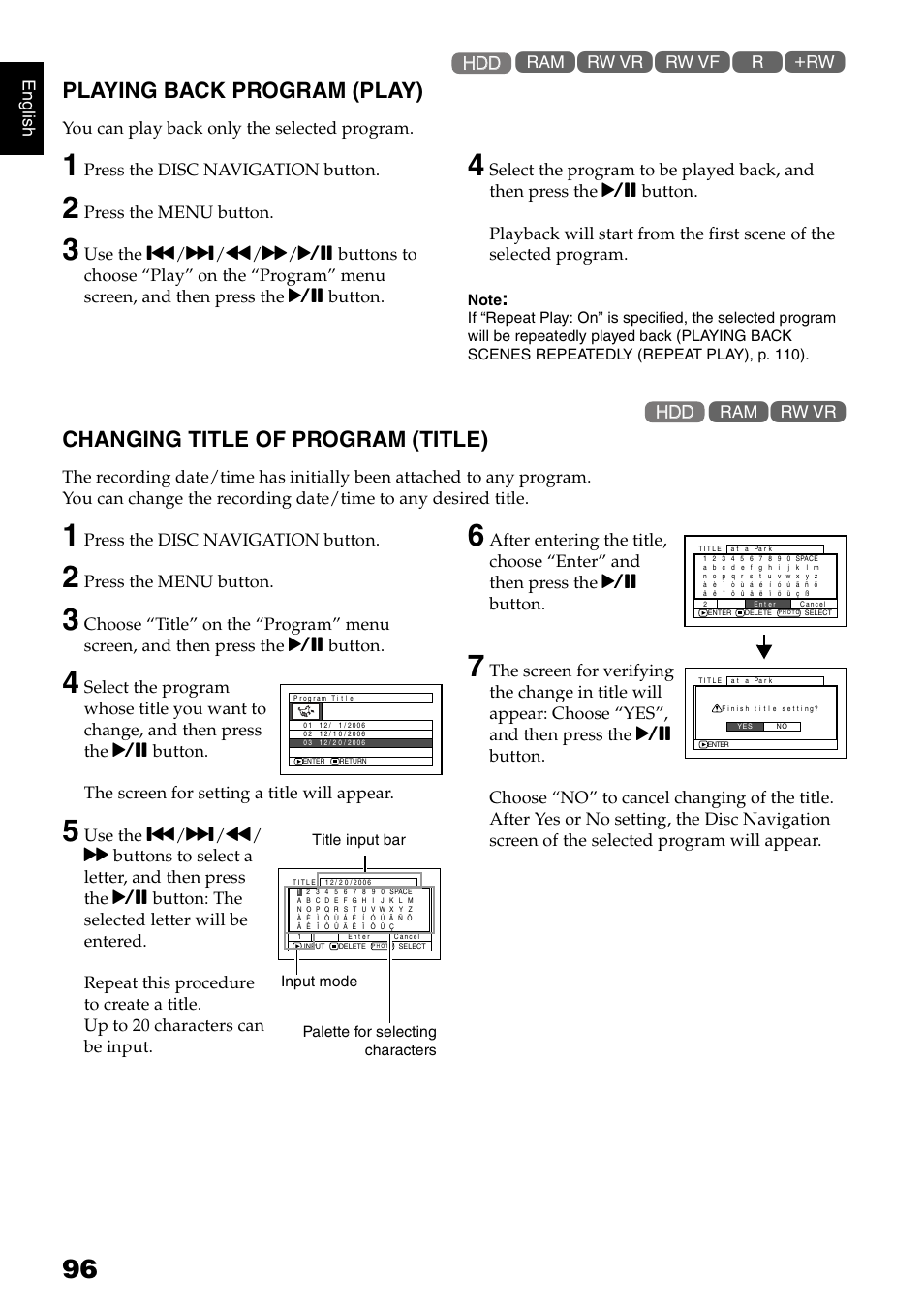 Playing back program (play), Changing title of program (title) | Hitachi DZ-HS300A User Manual | Page 96 / 170
