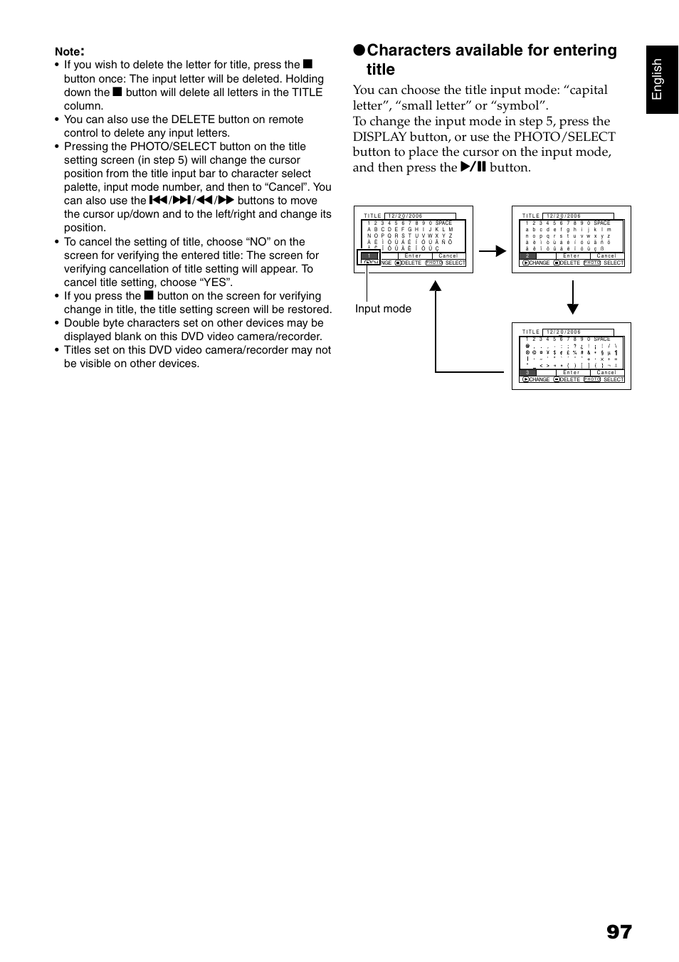 Characters available for entering title, Engli s h, Input mode | Hitachi DZ-HS300A User Manual | Page 97 / 170