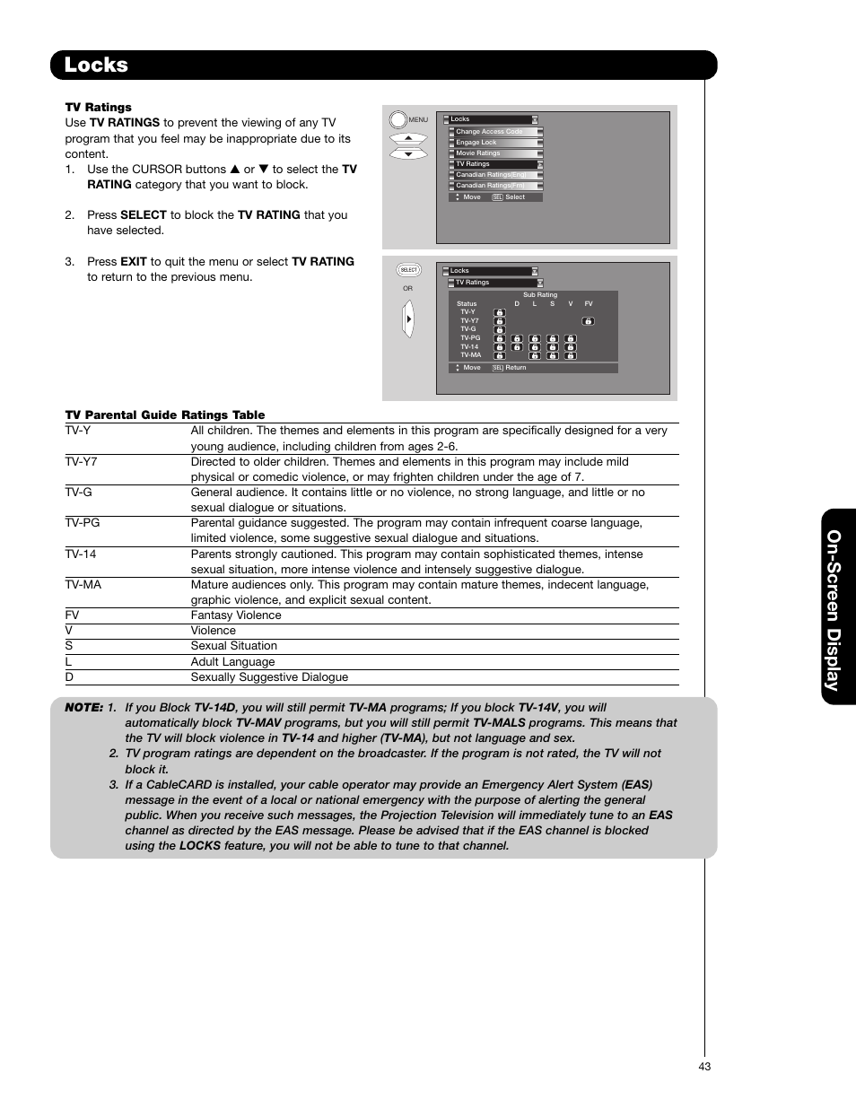 Locks, On-scr een display | Hitachi 60VF820 User Manual | Page 43 / 72