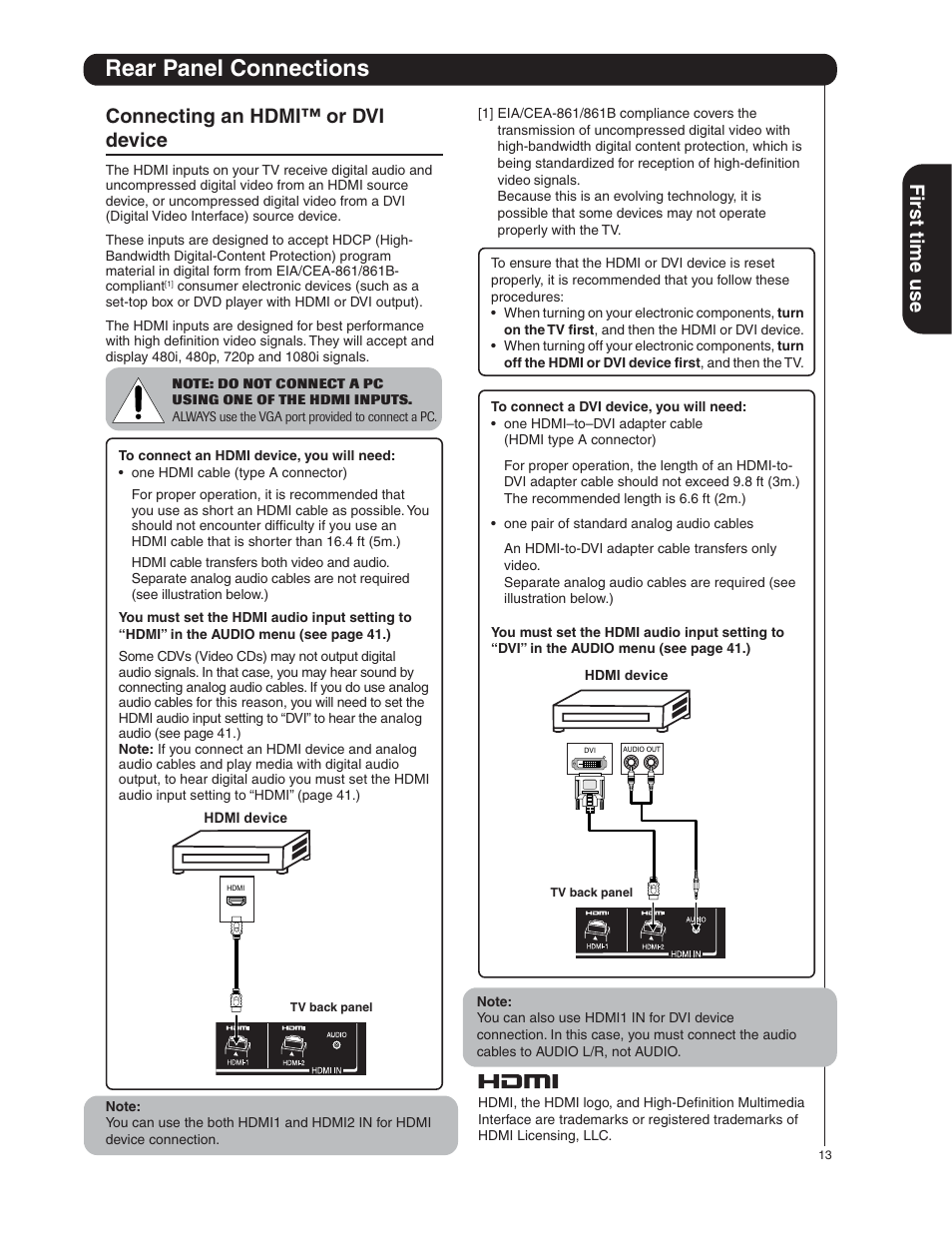 Rear panel connections, Fir st time use, Connecting an hdmi™ or dvi device | Hitachi 50HDA39 User Manual | Page 13 / 52