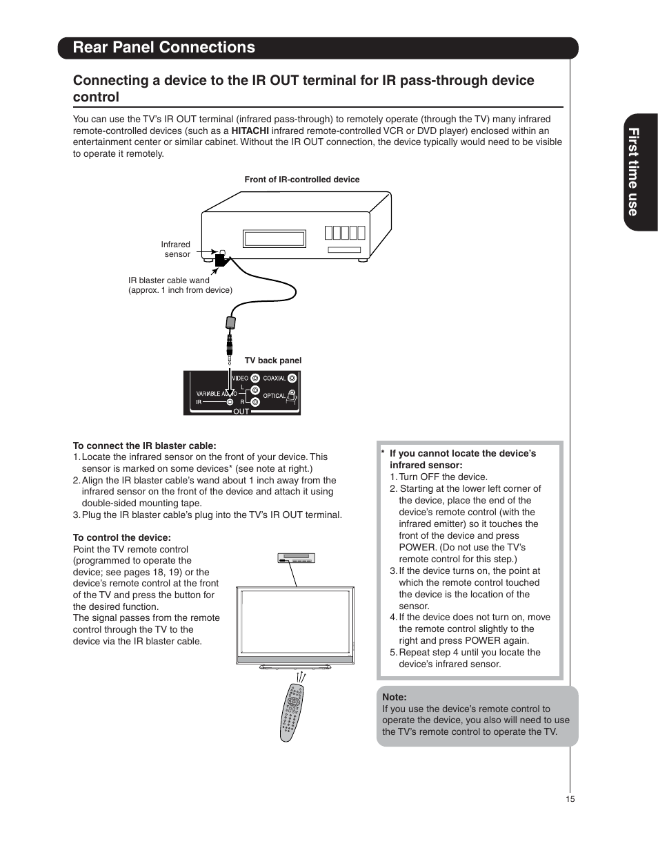 Rear panel connections, Fir st time use | Hitachi 50HDA39 User Manual | Page 15 / 52