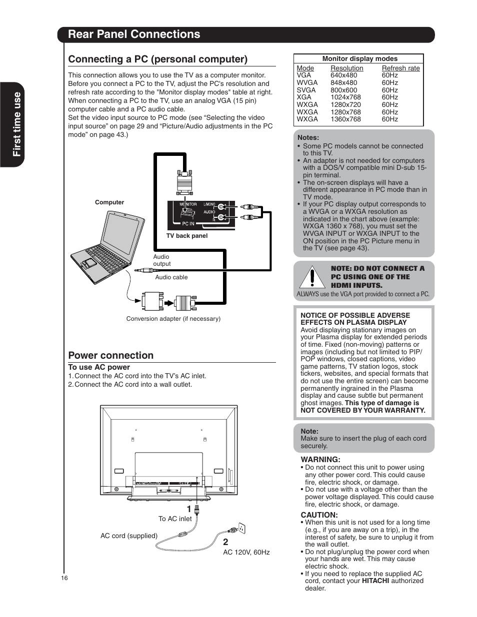 Rear panel connections, Power connection | Hitachi 50HDA39 User Manual | Page 16 / 52