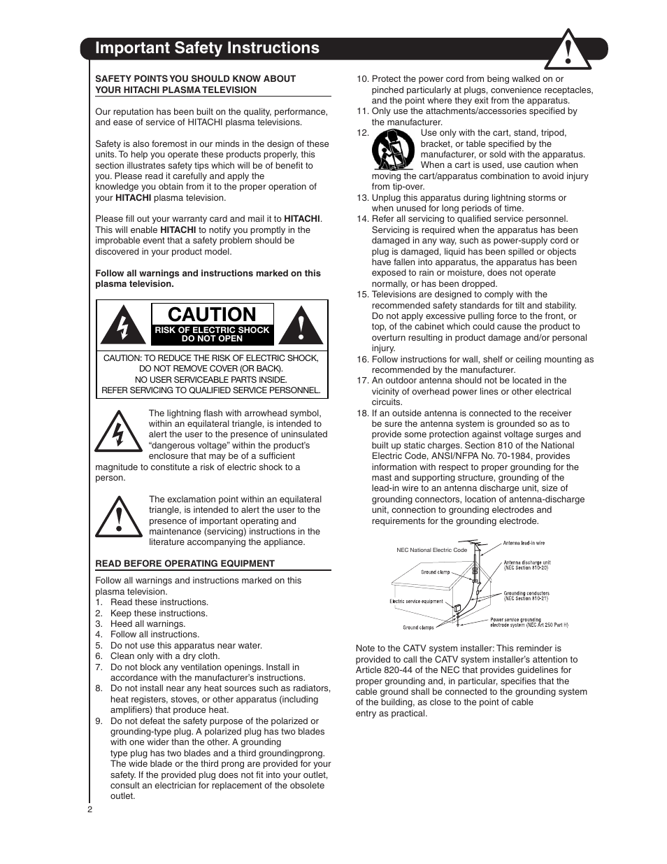 Caution, Important safety instructions | Hitachi 50HDA39 User Manual | Page 2 / 52