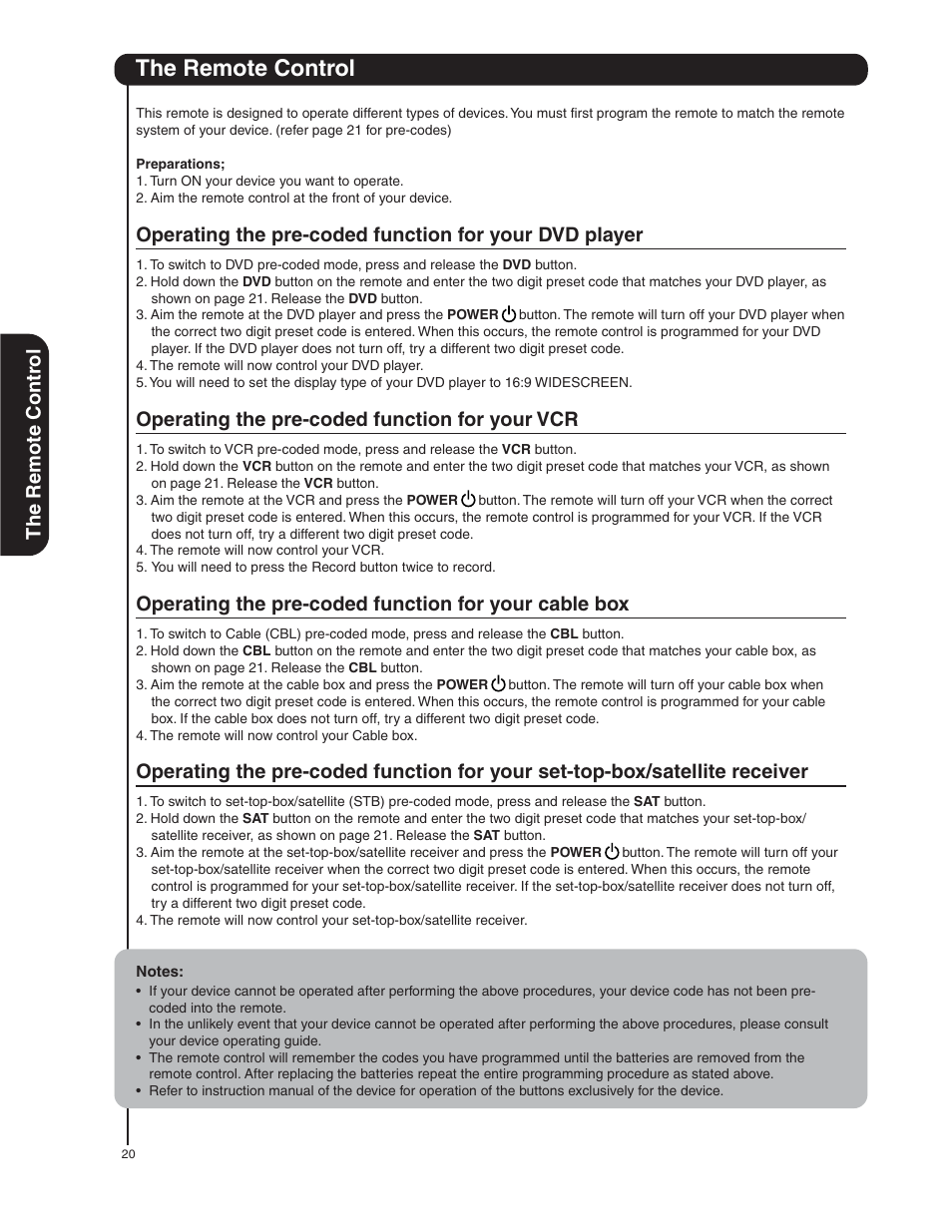 The remote control, The remote contr ol, Operating the pre-coded function for your vcr | Hitachi 50HDA39 User Manual | Page 20 / 52