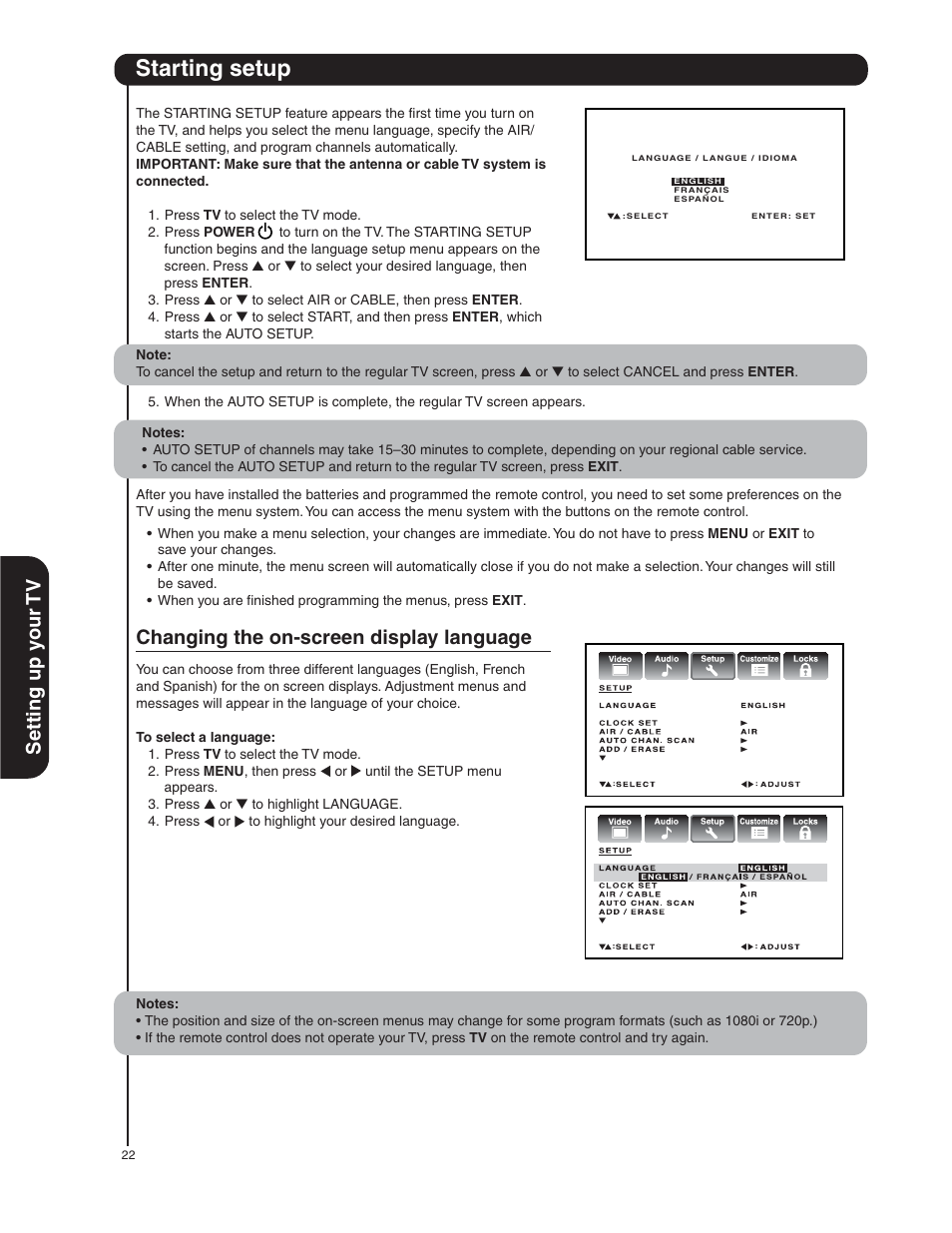 Starting setup, Setting up y our tv, Changing the on-screen display language | Hitachi 50HDA39 User Manual | Page 22 / 52