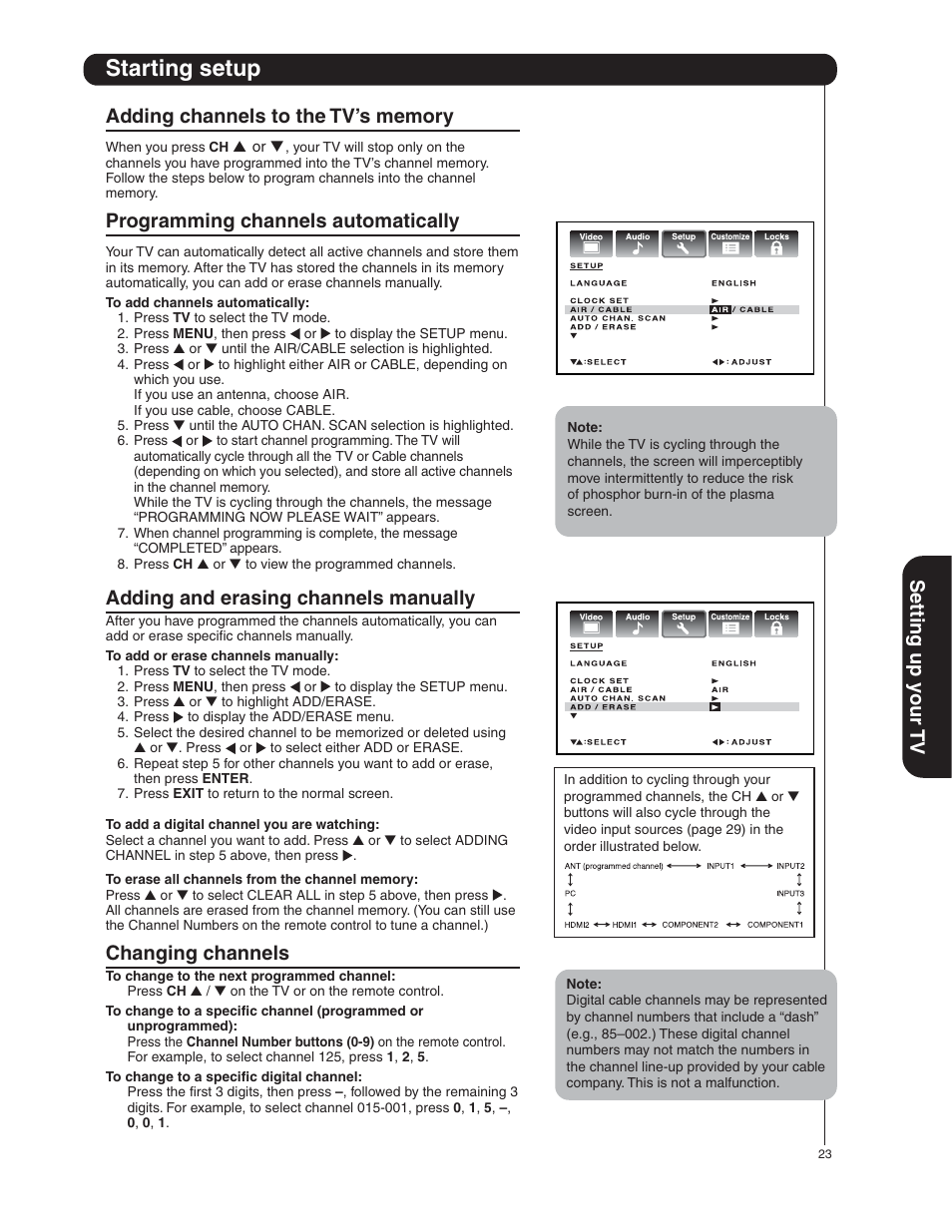 Starting setup, Setting up y our tv, Programming channels automatically | Adding and erasing channels manually, Changing channels | Hitachi 50HDA39 User Manual | Page 23 / 52