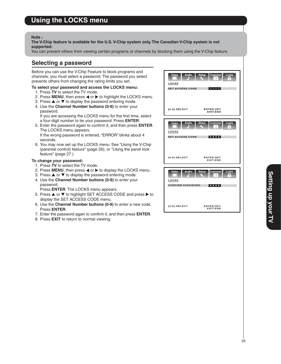 Using the locks menu, Setting up y our tv, Selecting a password | Hitachi 50HDA39 User Manual | Page 25 / 52