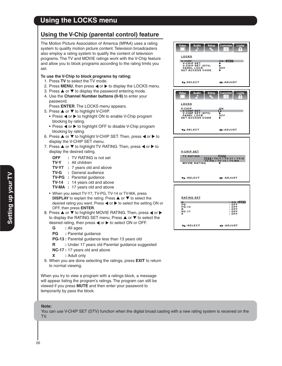 Using the locks menu, Setting up y our tv, Using the v-chip (parental control) feature | Hitachi 50HDA39 User Manual | Page 26 / 52