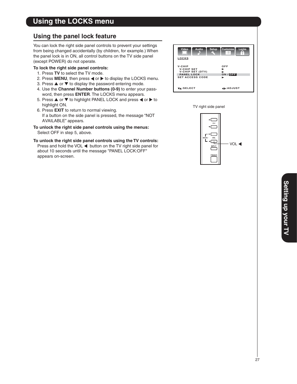 Using the locks menu, Setting up y our tv, Using the panel lock feature | Hitachi 50HDA39 User Manual | Page 27 / 52