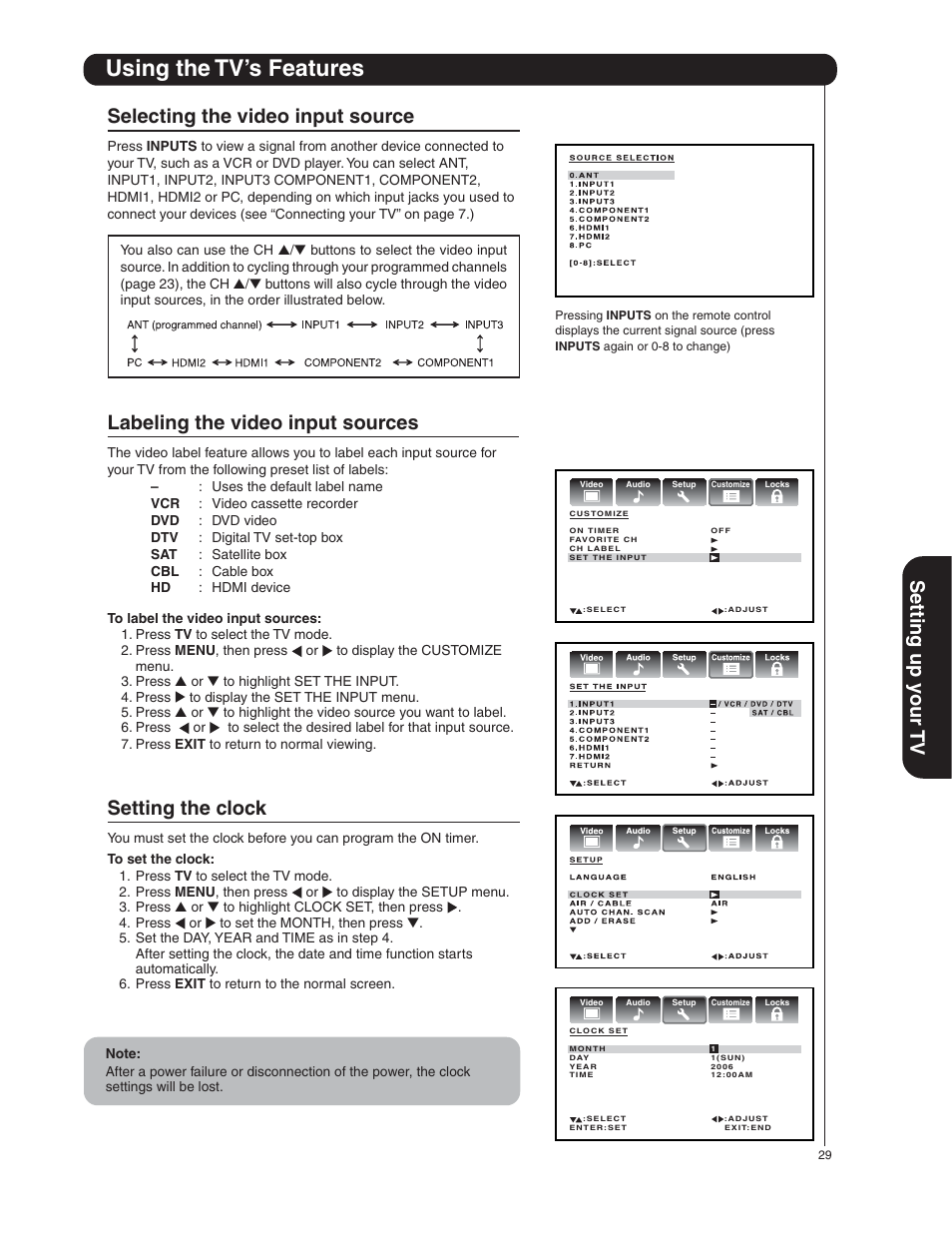 Using the tv’s features, Setting up y our tv, Setting the clock | Selecting the video input source, Labeling the video input sources | Hitachi 50HDA39 User Manual | Page 29 / 52