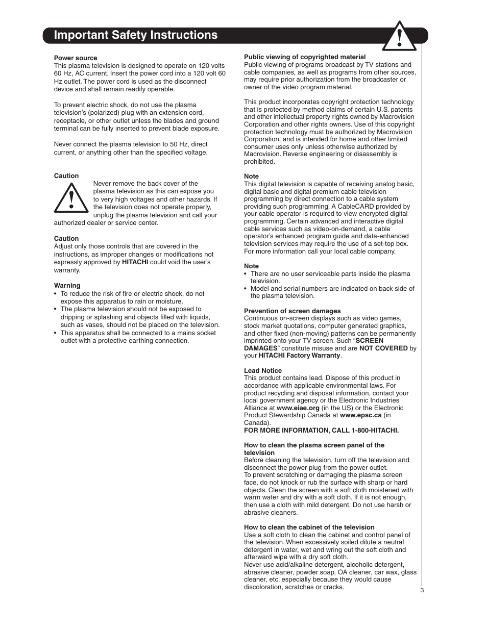 Important safety instructions | Hitachi 50HDA39 User Manual | Page 3 / 52