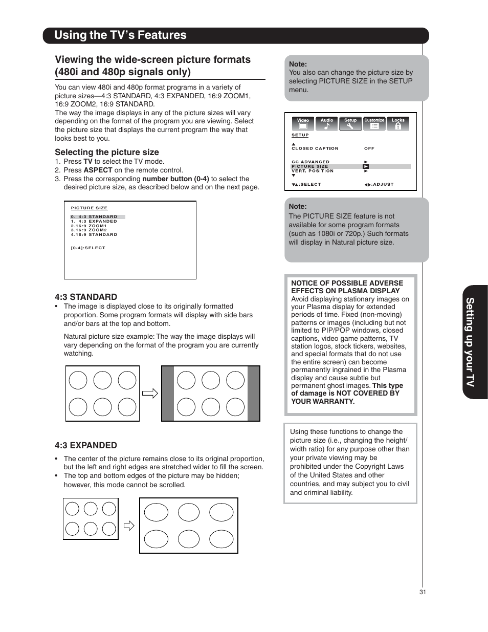Using the tv’s features, Setting up y our tv | Hitachi 50HDA39 User Manual | Page 31 / 52