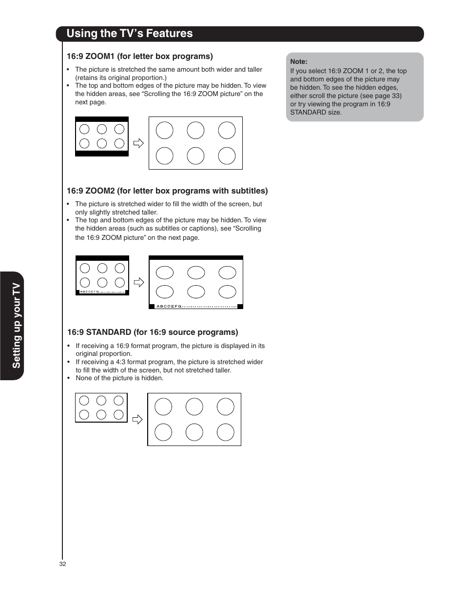 Using the tv’s features, Setting up y our tv | Hitachi 50HDA39 User Manual | Page 32 / 52