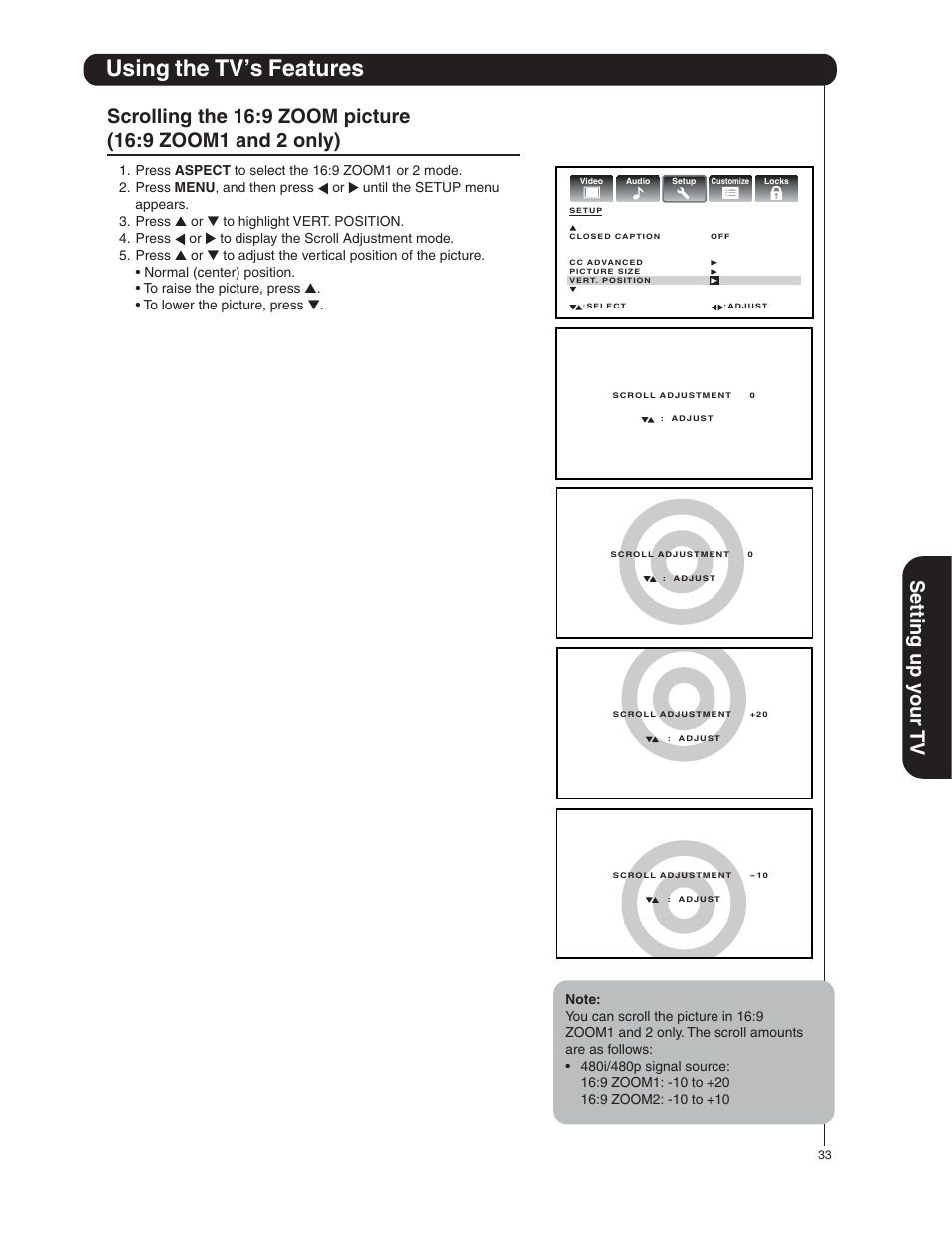 Using the tv’s features, Setting up y our tv | Hitachi 50HDA39 User Manual | Page 33 / 52