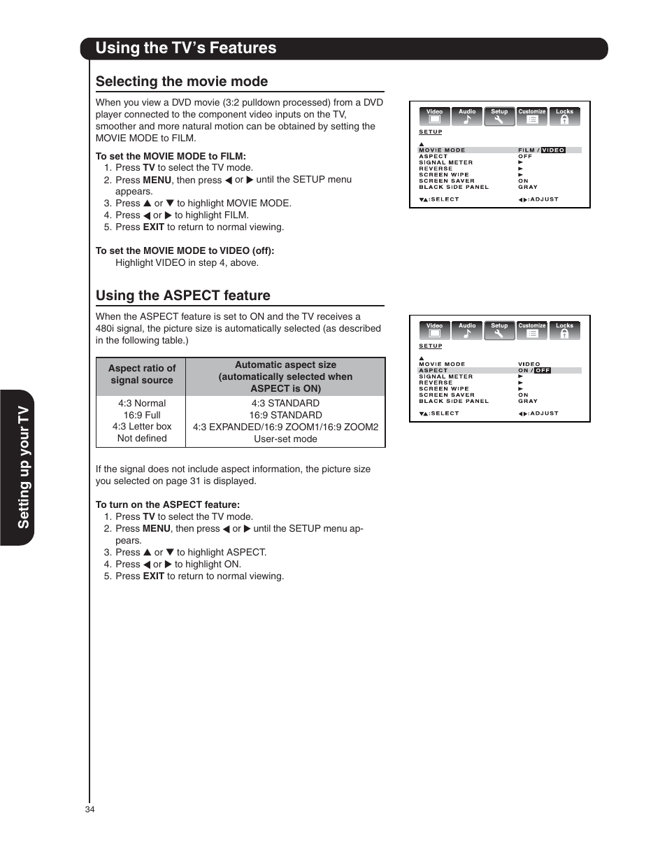 Using the tv’s features, Setting up y our tv, Selecting the movie mode | Using the aspect feature | Hitachi 50HDA39 User Manual | Page 34 / 52