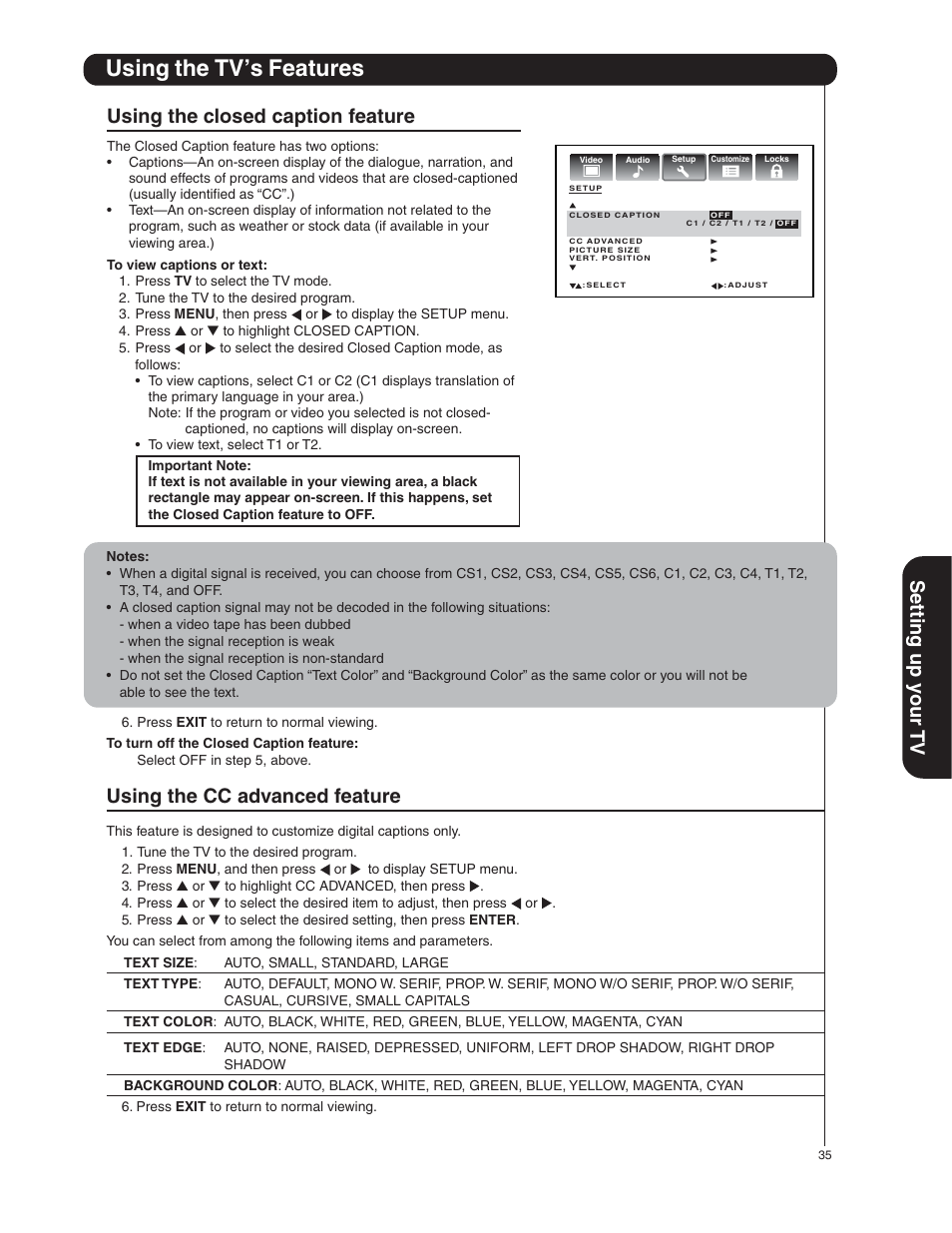 Using the tv’s features, Setting up y our tv, Using the closed caption feature | Using the cc advanced feature | Hitachi 50HDA39 User Manual | Page 35 / 52