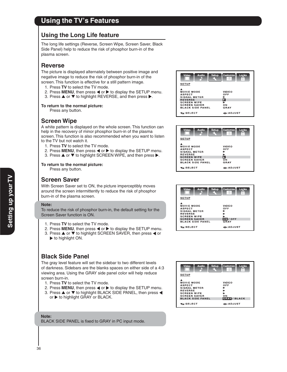 Using the tv’s features, Setting up y our tv using the long life feature, Reverse | Screen wipe, Screen saver, Black side panel | Hitachi 50HDA39 User Manual | Page 36 / 52