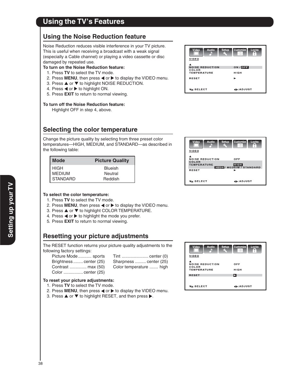 Using the tv’s features, Resetting your picture adjustments, Using the noise reduction feature | Hitachi 50HDA39 User Manual | Page 38 / 52