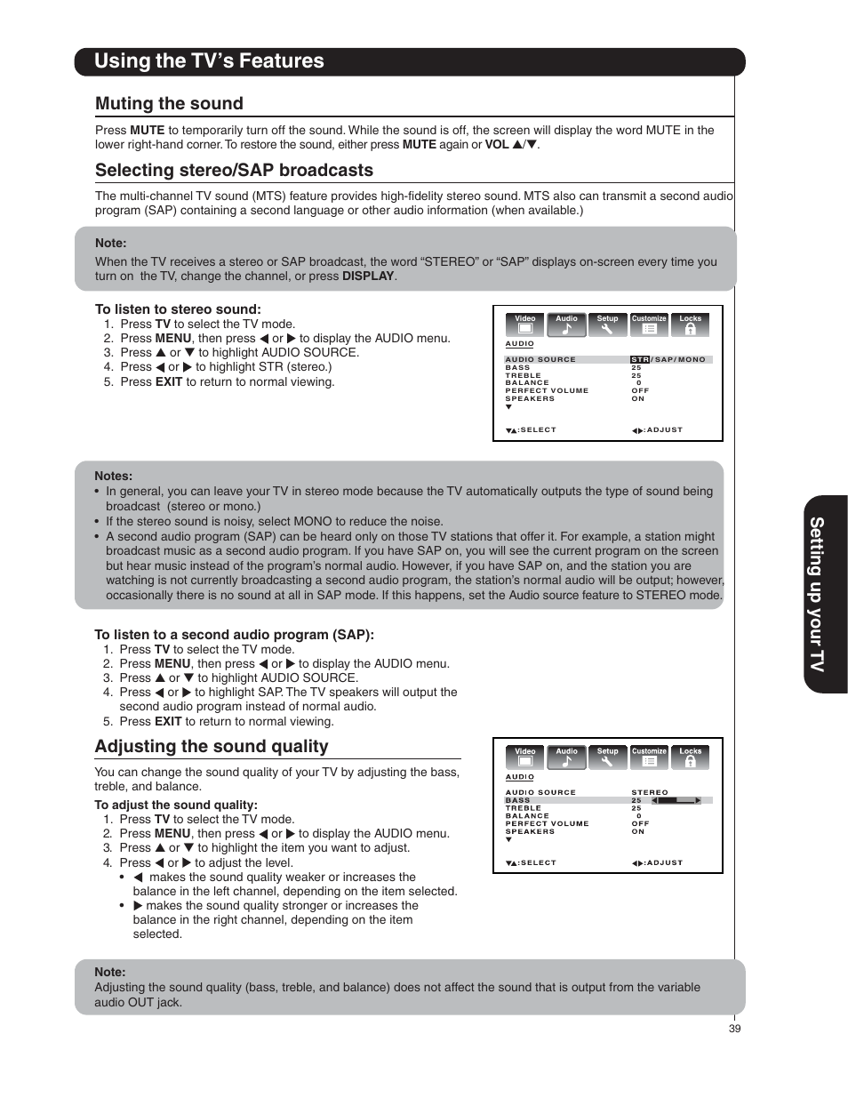 Using the tv’s features, Setting up y our tv, Muting the sound | Selecting stereo/sap broadcasts, Adjusting the sound quality | Hitachi 50HDA39 User Manual | Page 39 / 52