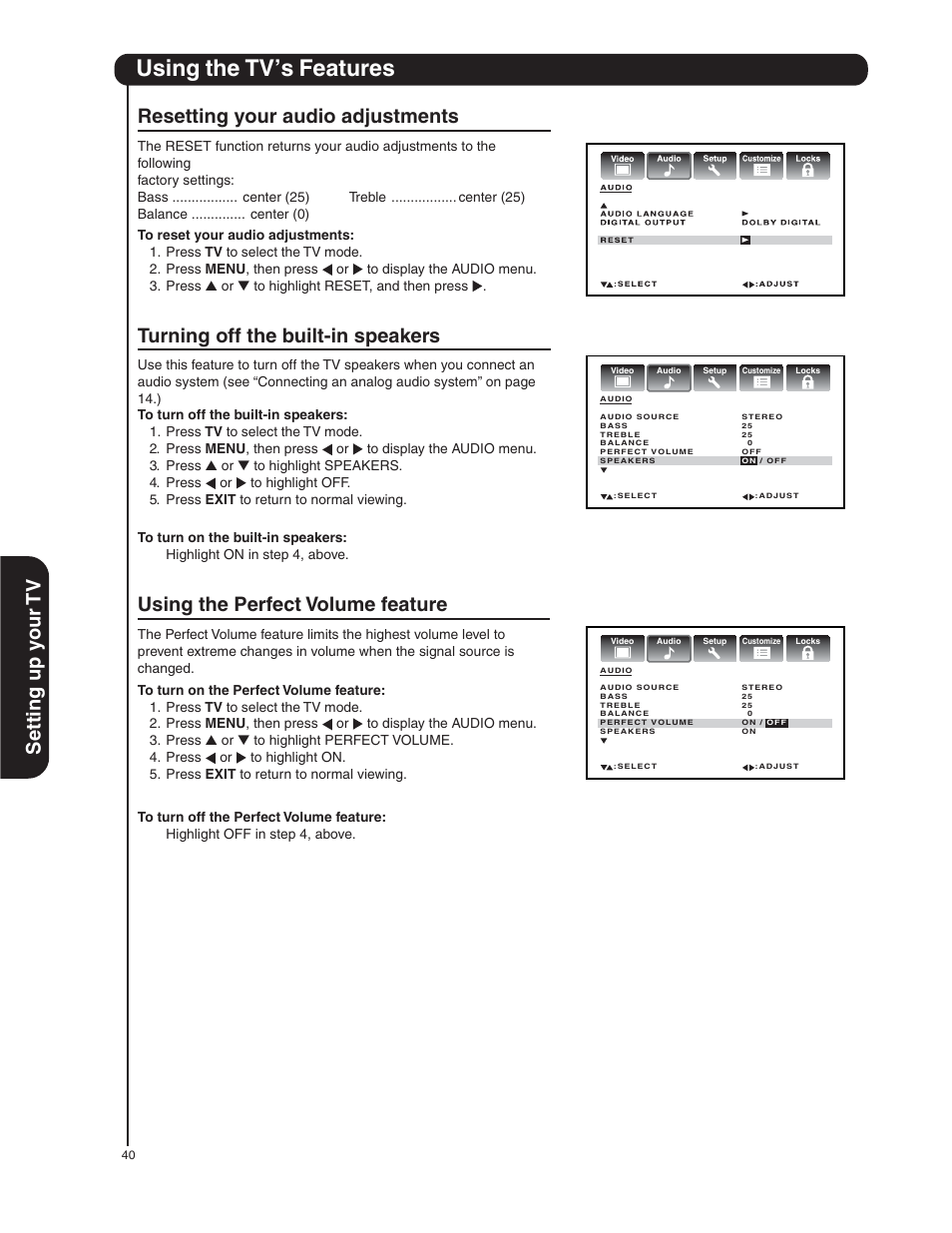 Using the tv’s features, Using the perfect volume feature, Turning off the built-in speakers | Hitachi 50HDA39 User Manual | Page 40 / 52