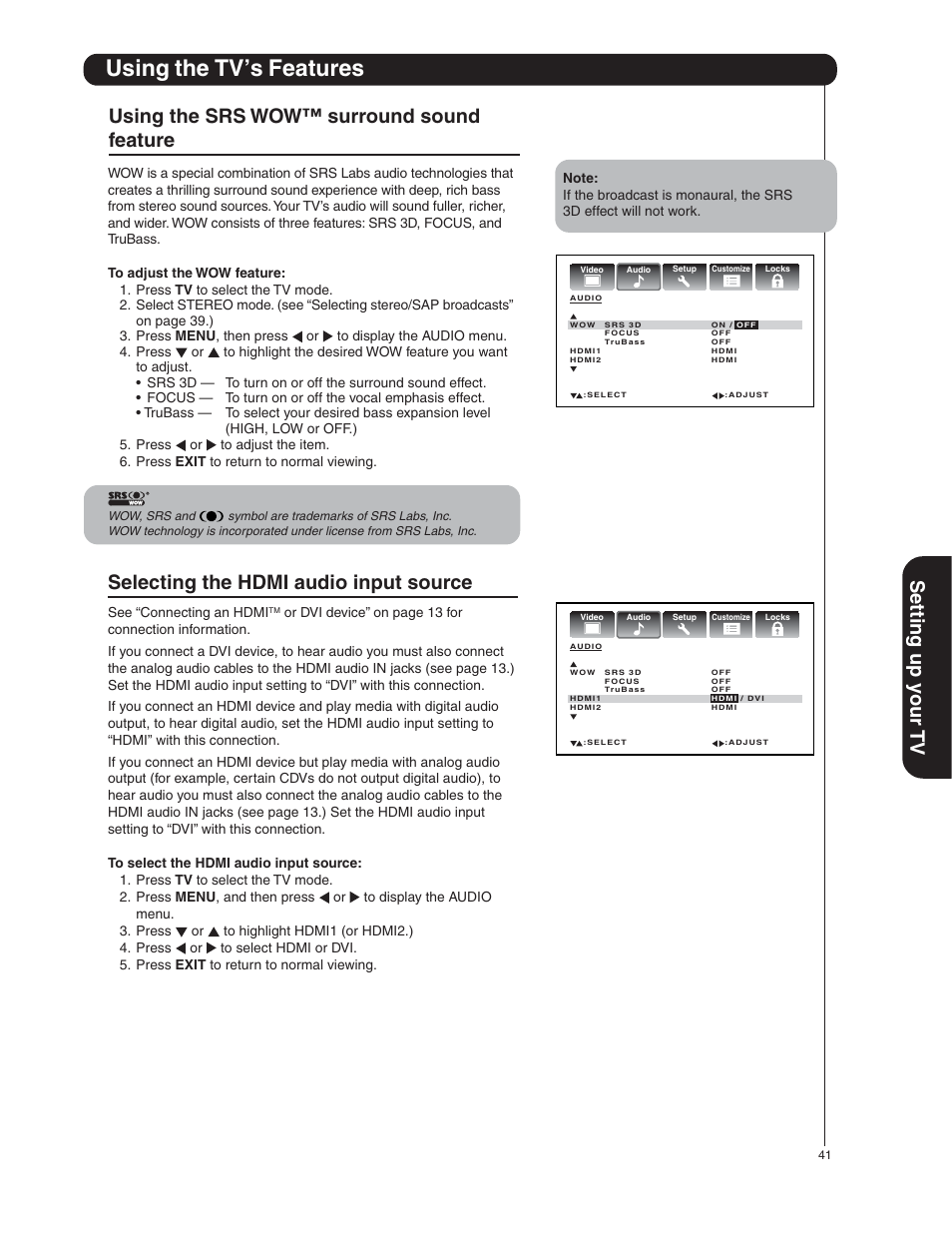Using the tv’s features, Setting up y our tv, Selecting the hdmi audio input source | Using the srs wow™ surround sound feature | Hitachi 50HDA39 User Manual | Page 41 / 52