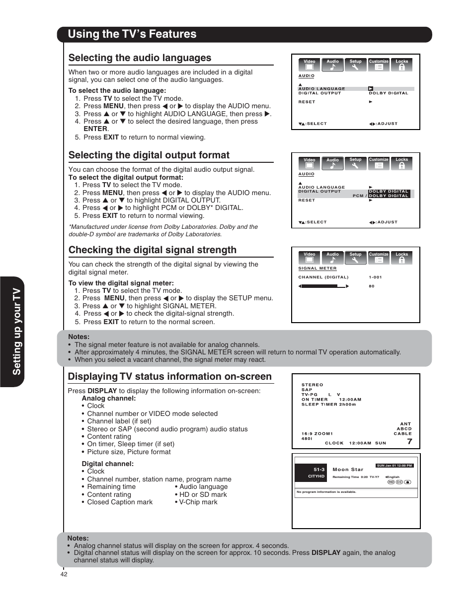 Using the tv’s features, Setting up y our tv selecting the audio languages, Selecting the digital output format | Checking the digital signal strength, Displaying tv status information on-screen | Hitachi 50HDA39 User Manual | Page 42 / 52