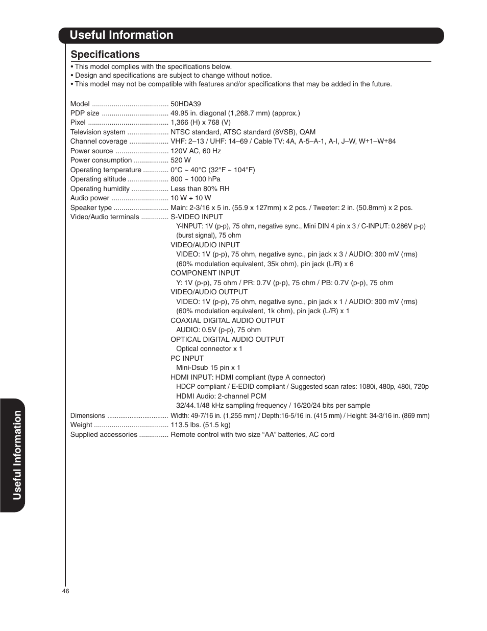 Useful information, Useful inf ormation specifications | Hitachi 50HDA39 User Manual | Page 46 / 52