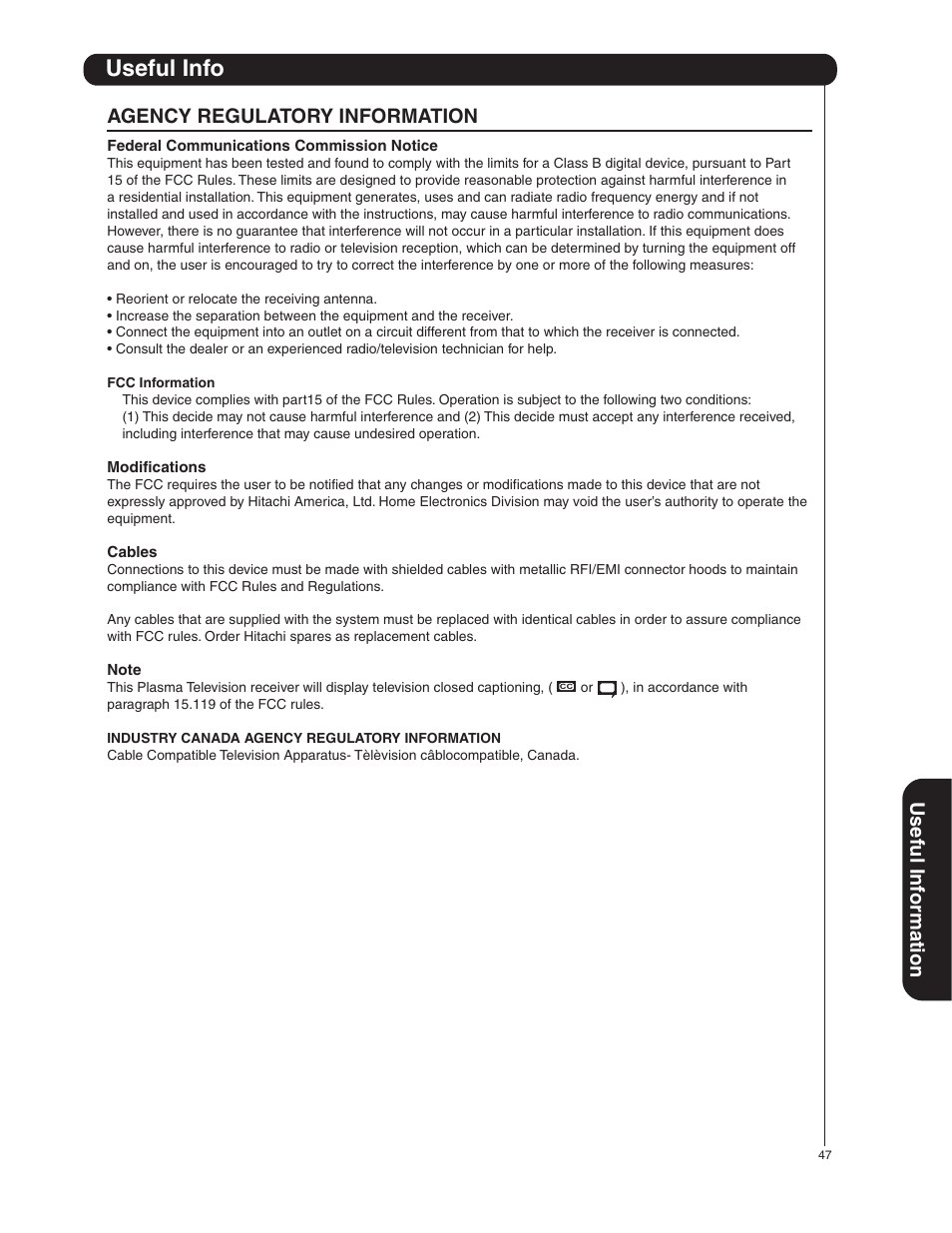 Useful info, Useful inf ormation, Agency regulatory information | Hitachi 50HDA39 User Manual | Page 47 / 52