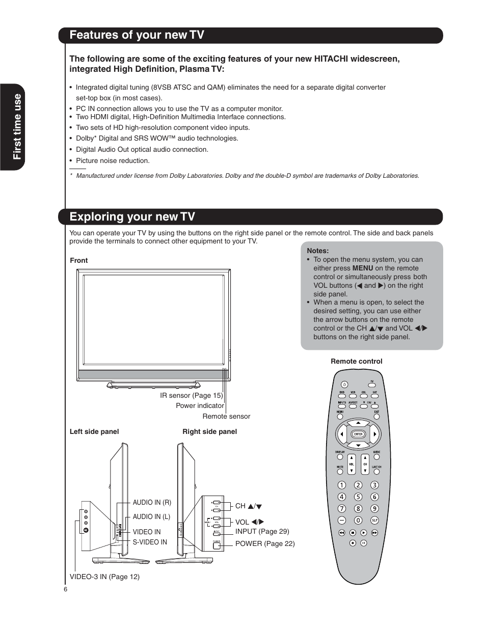 Features of your new tv exploring your new tv, Fir st time use | Hitachi 50HDA39 User Manual | Page 6 / 52