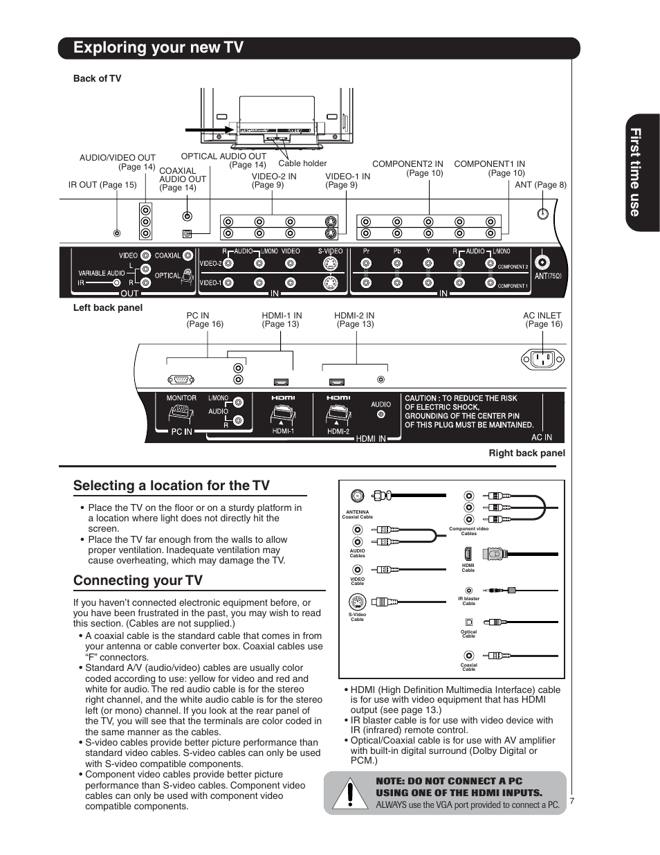 Exploring your new tv, Fir st time use selecting a location for the tv, Connecting your tv | Hitachi 50HDA39 User Manual | Page 7 / 52
