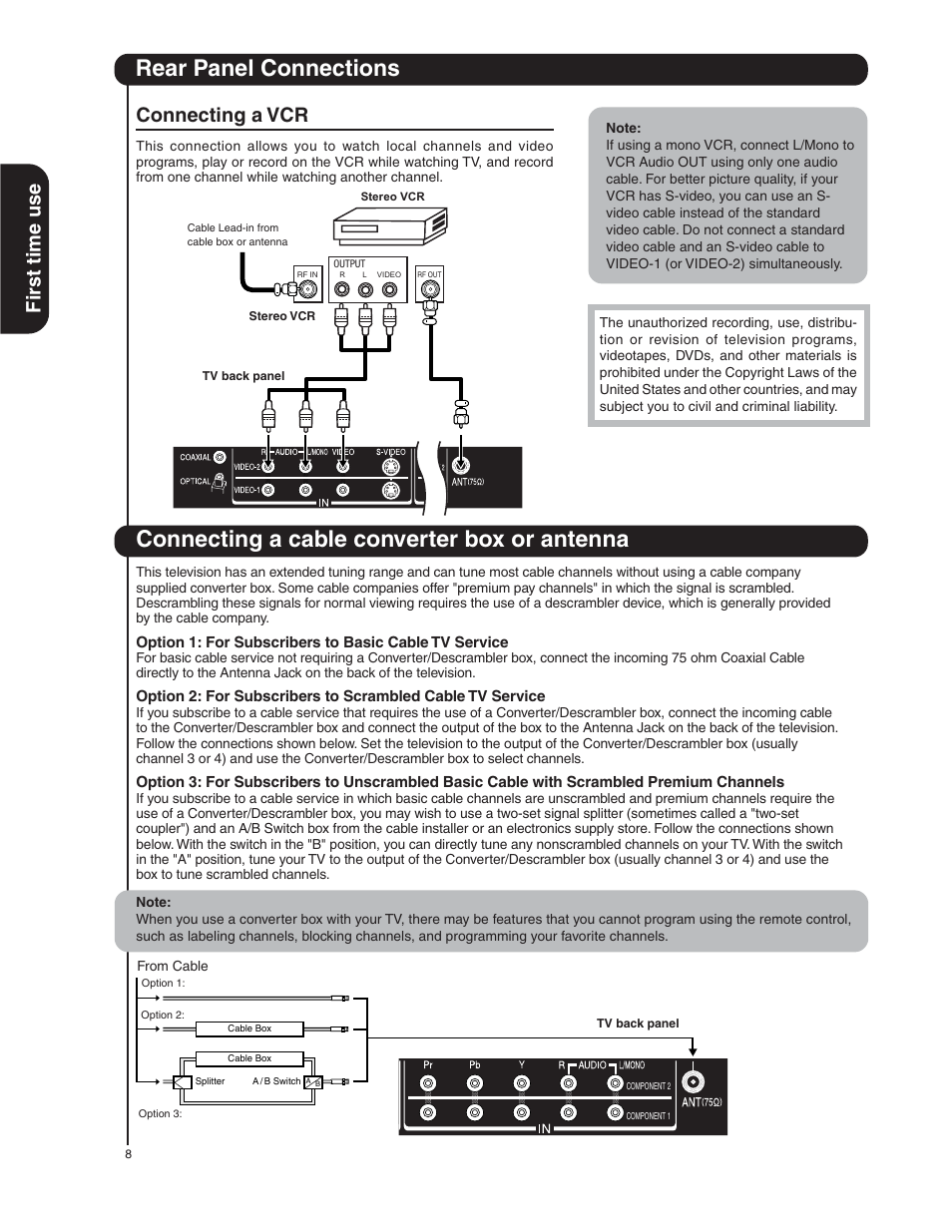 Connecting a cable converter box or antenna, Rear panel connections, Fir st time use | Connecting a vcr | Hitachi 50HDA39 User Manual | Page 8 / 52