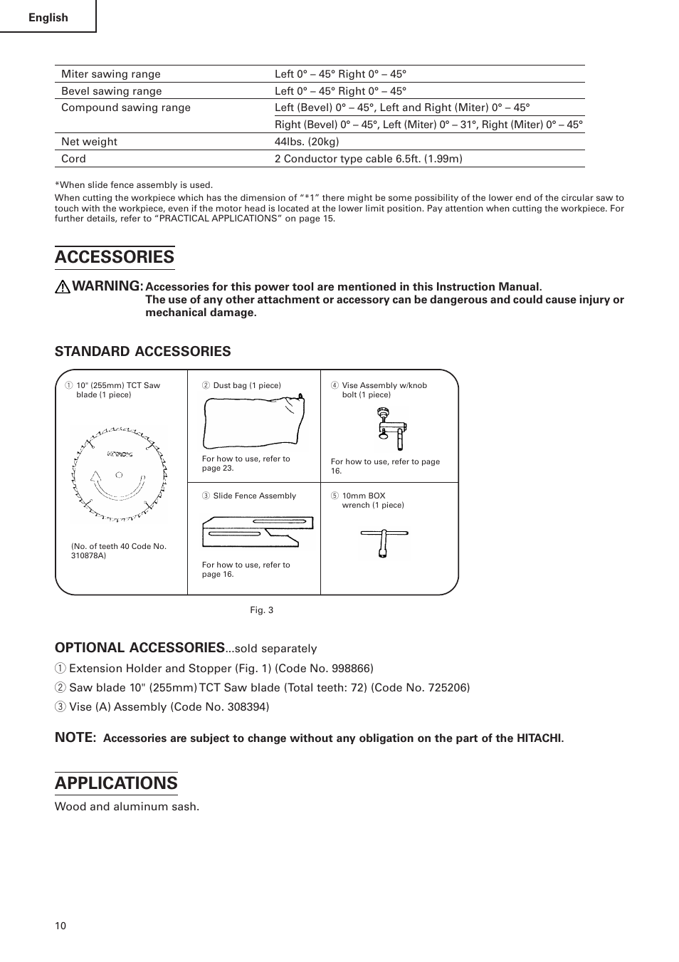 Accessories, Applications, Warning | Standard accessories, Optional accessories | Hitachi C 10FS User Manual | Page 10 / 84