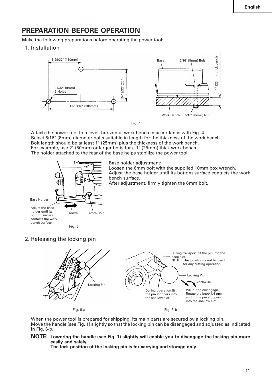 Preparation before operation, Installation, Releasing the locking pin | Hitachi C 10FS User Manual | Page 11 / 84