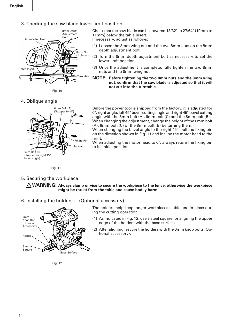 Checking the saw blade lower limit position, Oblique angle, Securing the workpiece warning | Installing the holders ... (optional accessory) | Hitachi C 10FS User Manual | Page 14 / 84