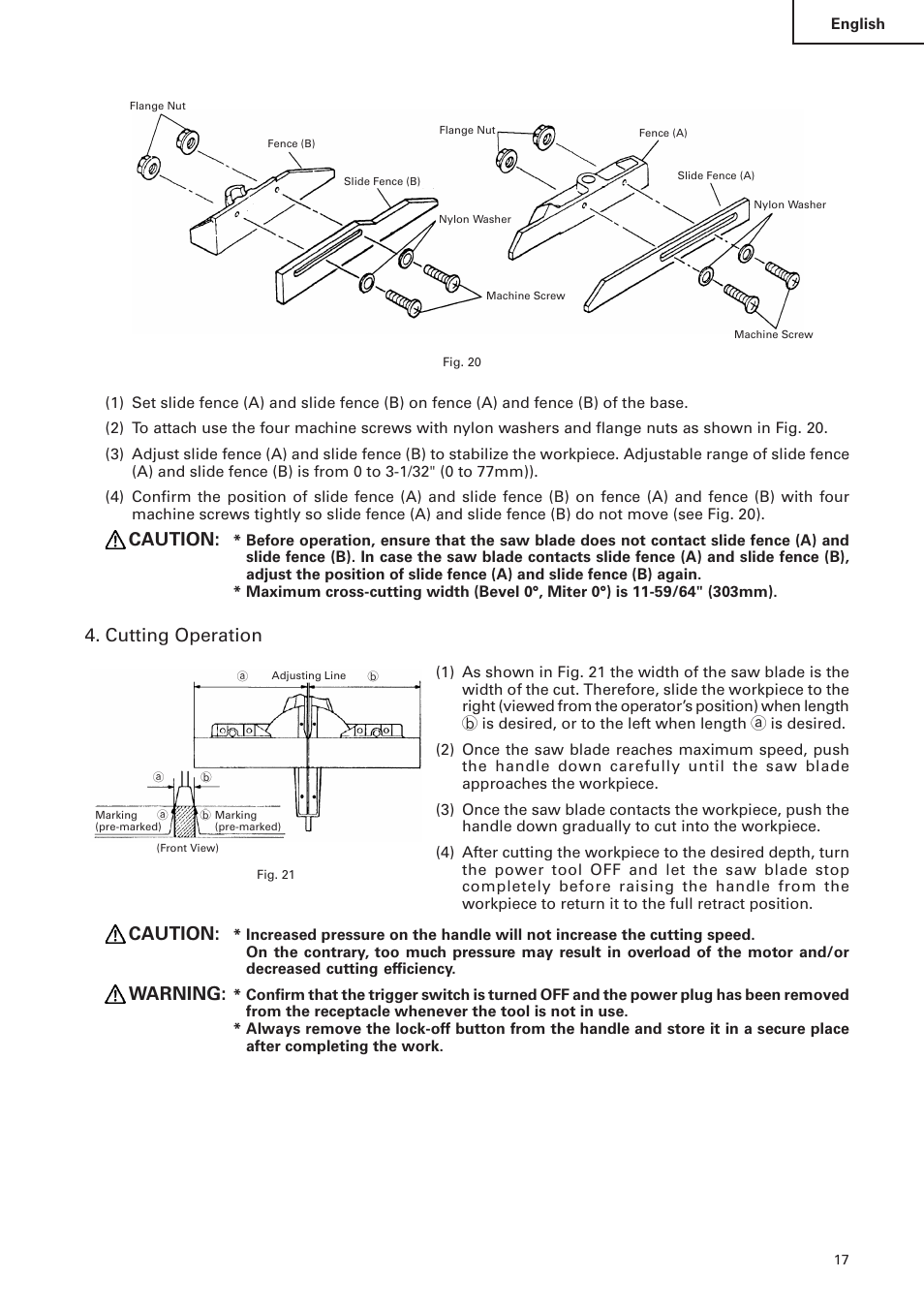 Caution, Cutting operation, Warning | Hitachi C 10FS User Manual | Page 17 / 84