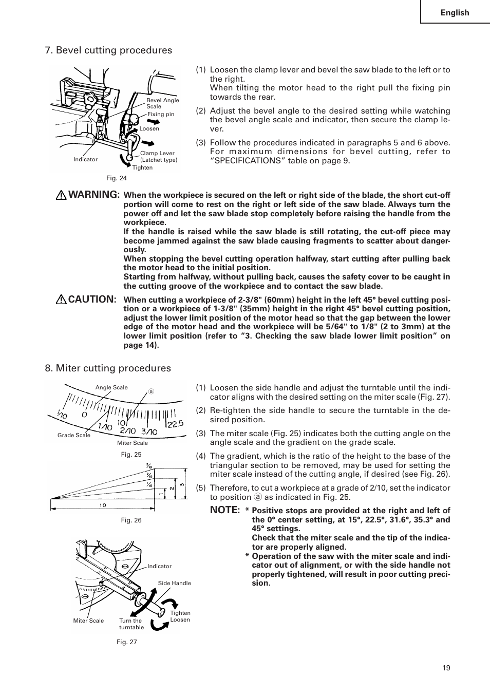 Bevel cutting procedures, Warning, Caution | Miter cutting procedures | Hitachi C 10FS User Manual | Page 19 / 84
