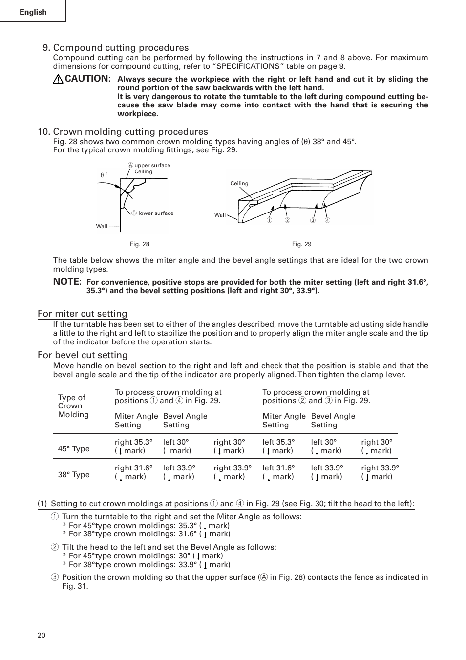 Compound cutting procedures, Caution, Crown molding cutting procedures | For miter cut setting, For bevel cut setting | Hitachi C 10FS User Manual | Page 20 / 84