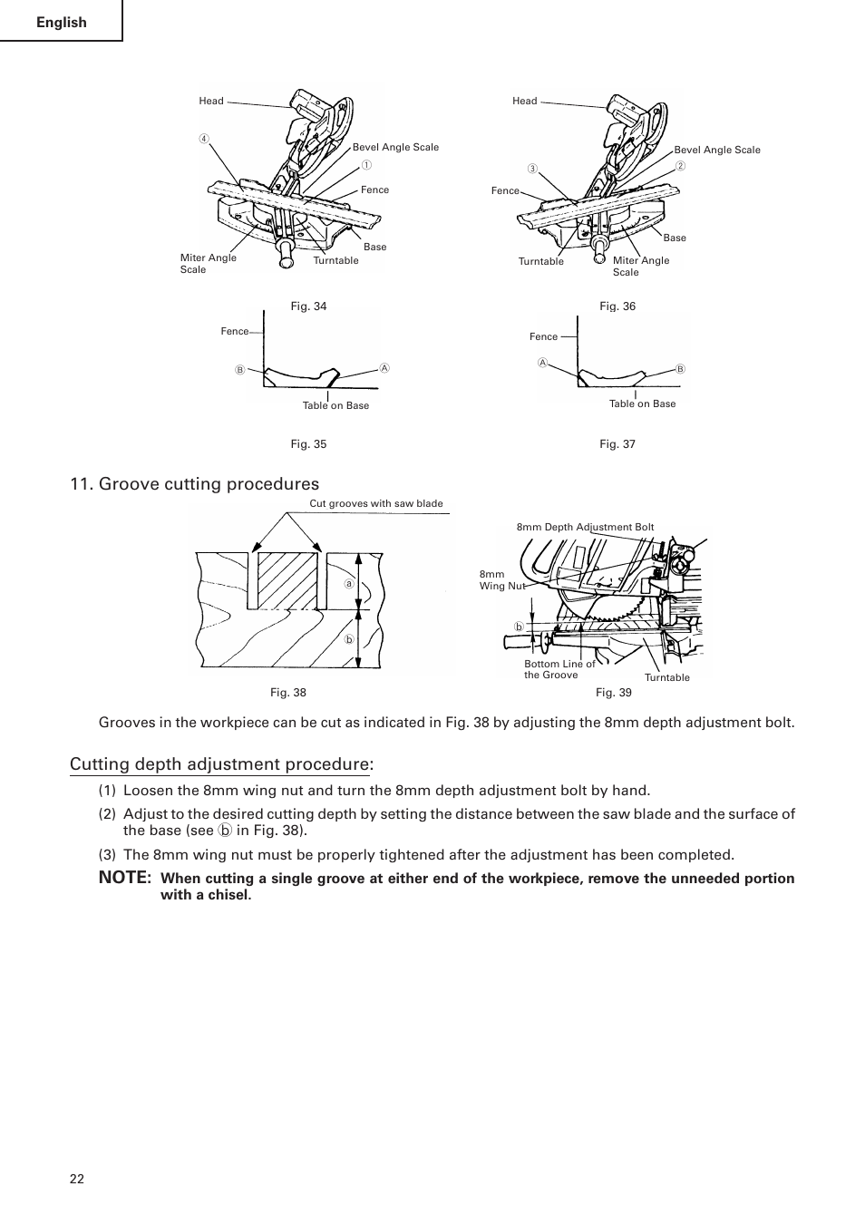 Groove cutting procedures, Cutting depth adjustment procedure, English | Hitachi C 10FS User Manual | Page 22 / 84