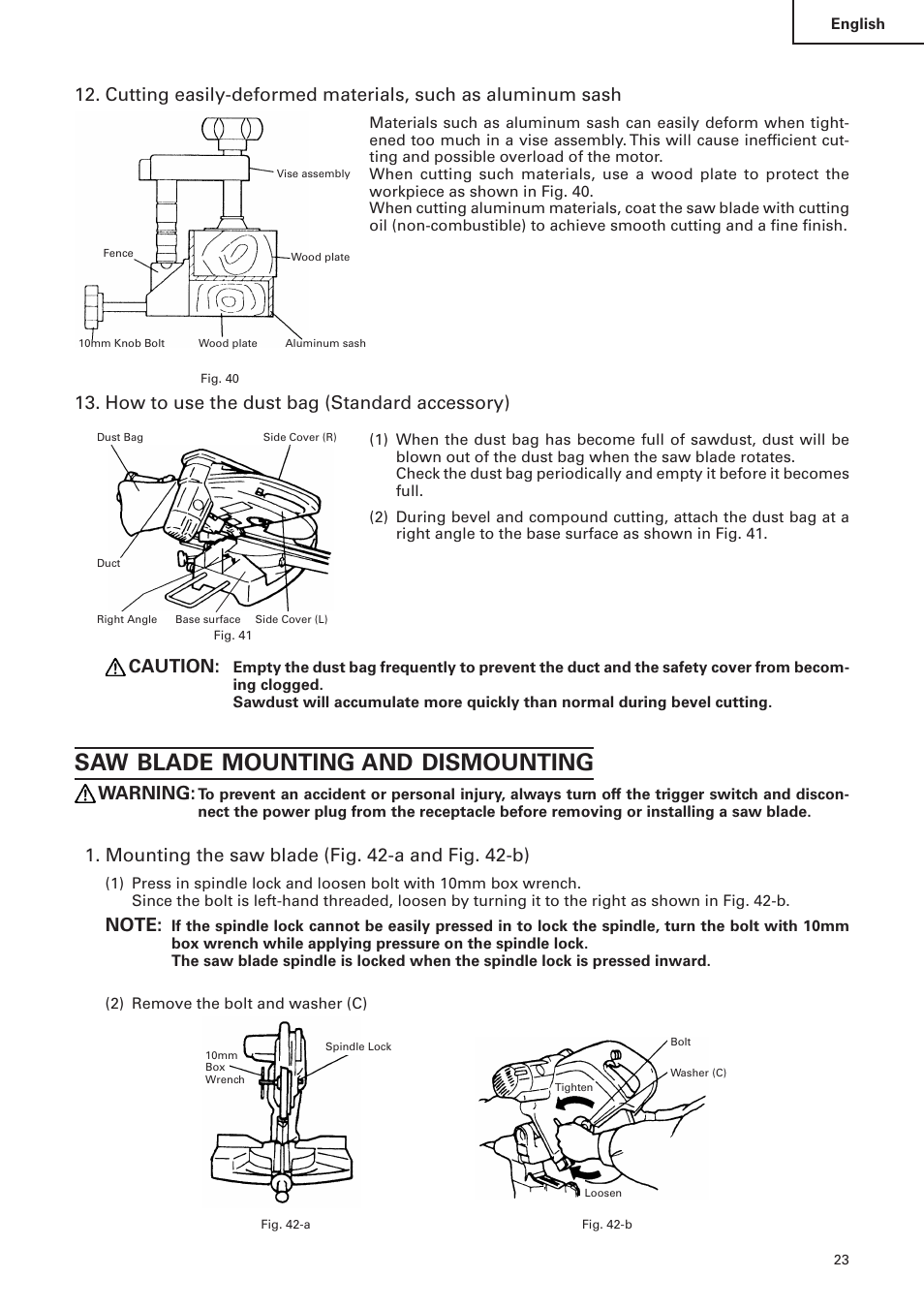 Saw blade mounting and dismounting, How to use the dust bag (standard accessory), Caution | Warning, Mounting the saw blade (fig. 42-a and fig. 42-b) | Hitachi C 10FS User Manual | Page 23 / 84