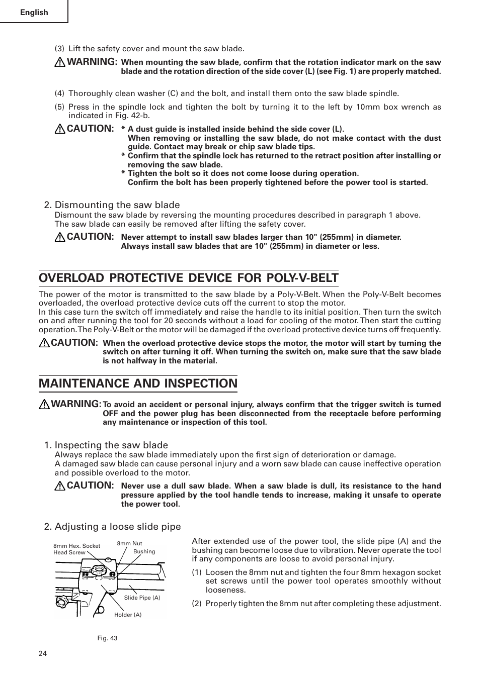 Overload protective device for poly-v-belt, Maintenance and inspection | Hitachi C 10FS User Manual | Page 24 / 84