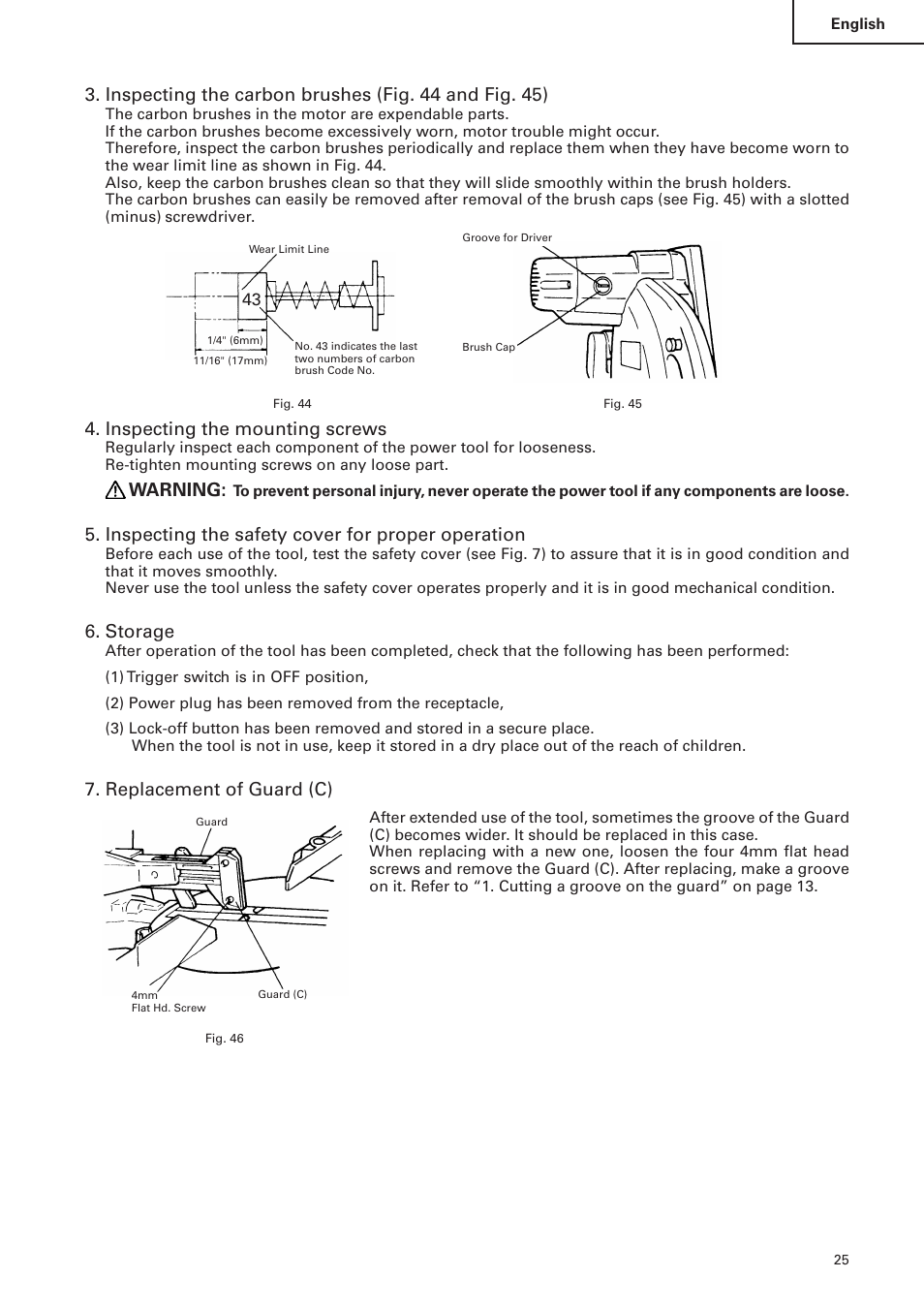 Inspecting the mounting screws, Warning, Inspecting the safety cover for proper operation | Storage, Replacement of guard (c) | Hitachi C 10FS User Manual | Page 25 / 84
