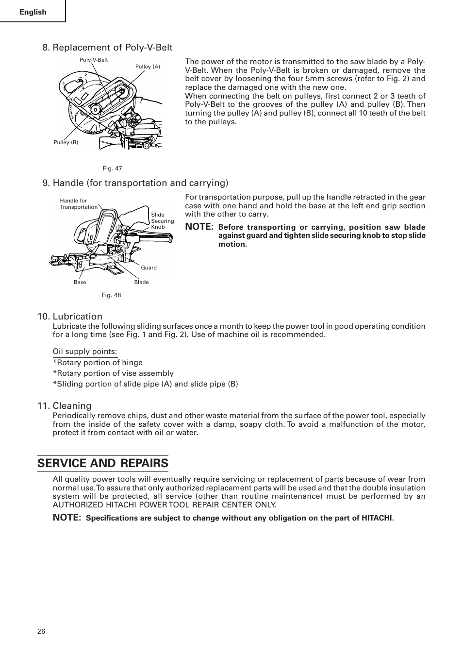 Service and repairs, Replacement of poly-v-belt, Handle (for transportation and carrying) | Lubrication, Cleaning | Hitachi C 10FS User Manual | Page 26 / 84
